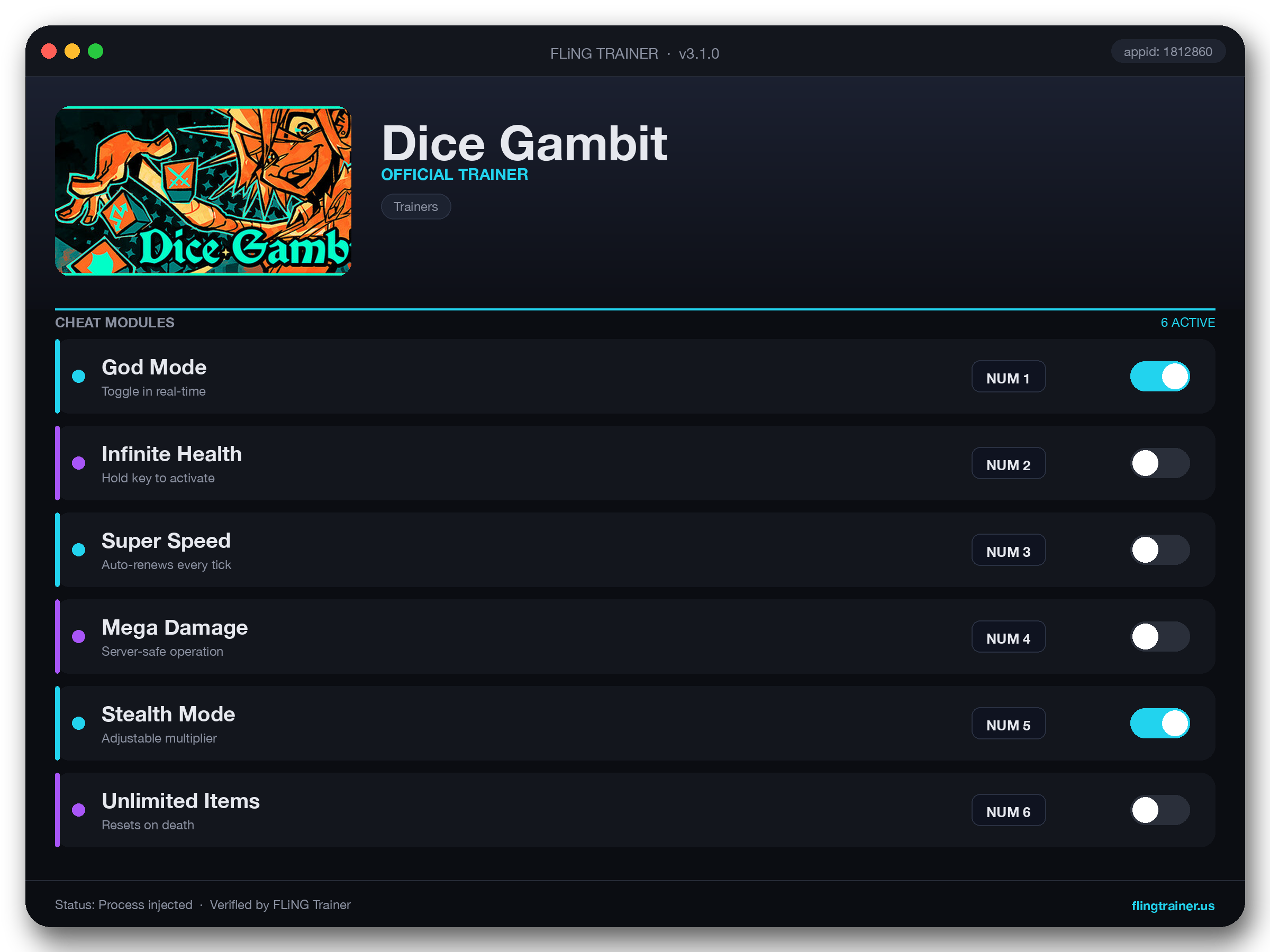 Dice Gambit Trainer interface
