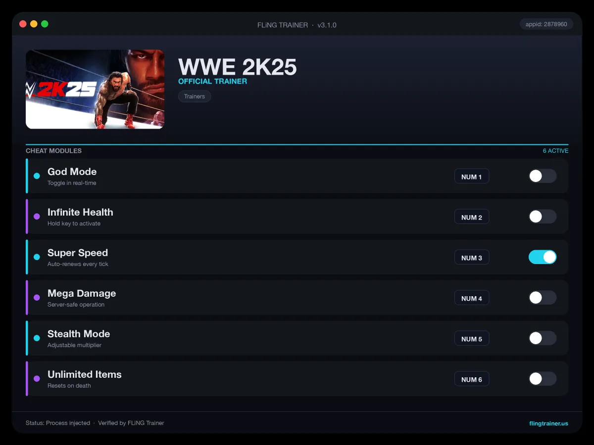 WWE 2K25 Trainer interface