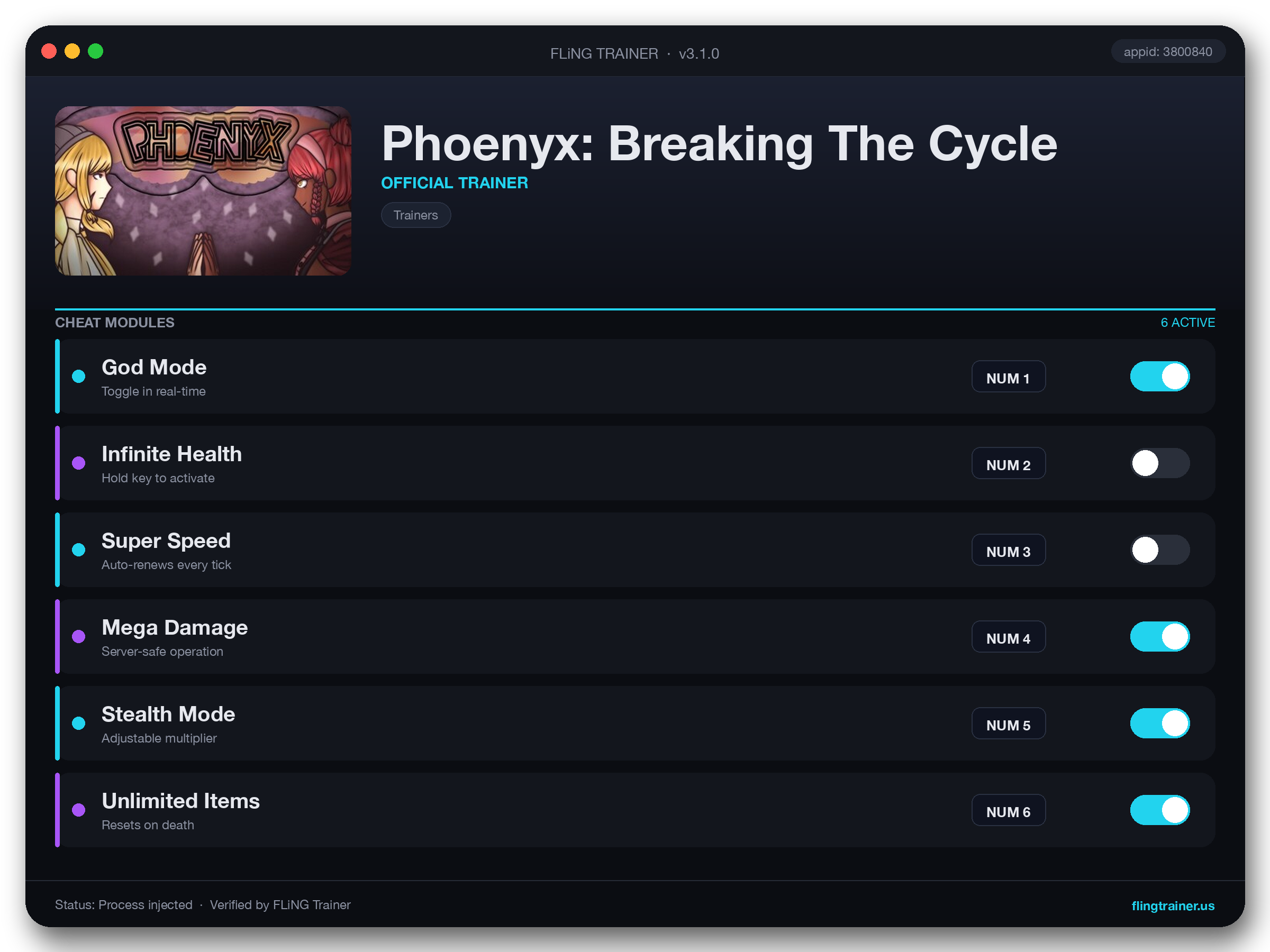 Phoenyx: Breaking The Cycle Trainer interface