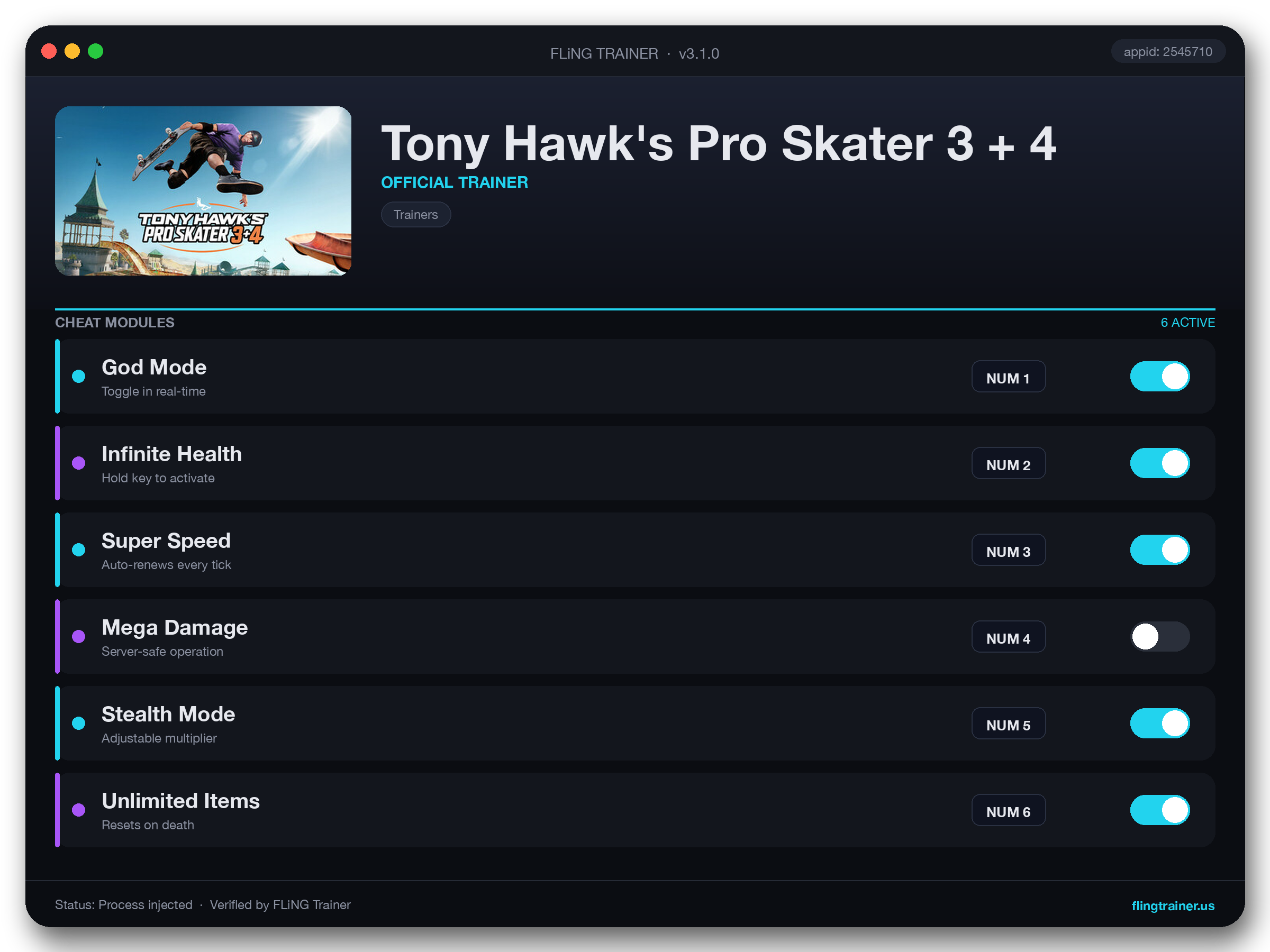 Tony Hawk's Pro Skater 3 + 4 Trainer interface