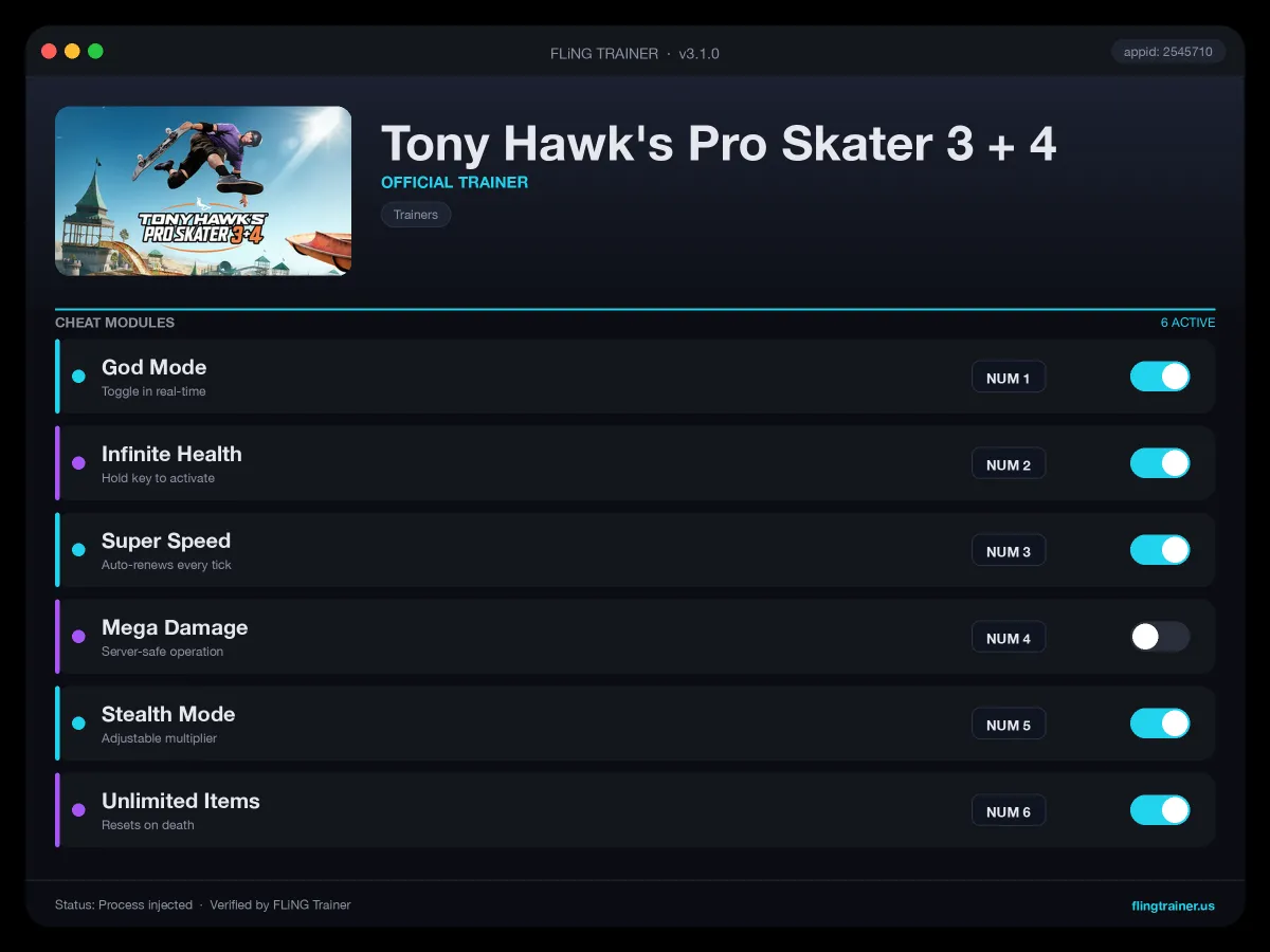 Tony Hawk's Pro Skater 3 + 4 Trainer interface