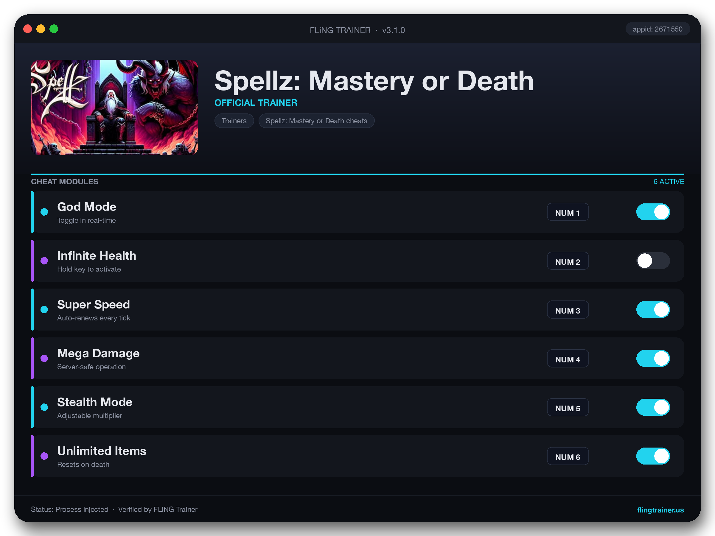 Spellz: Mastery or Death Trainer interface