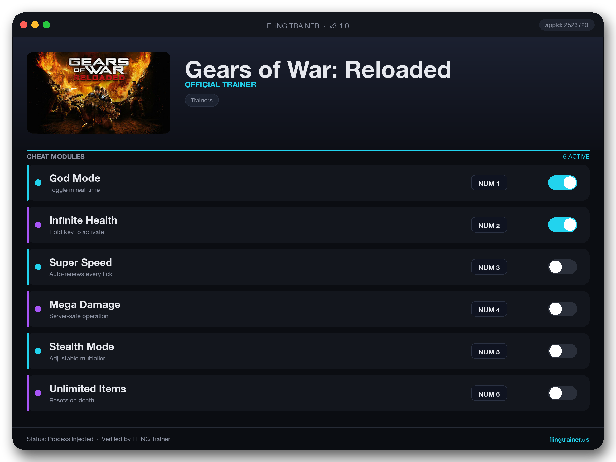 Gears of War: Reloaded Trainer interface