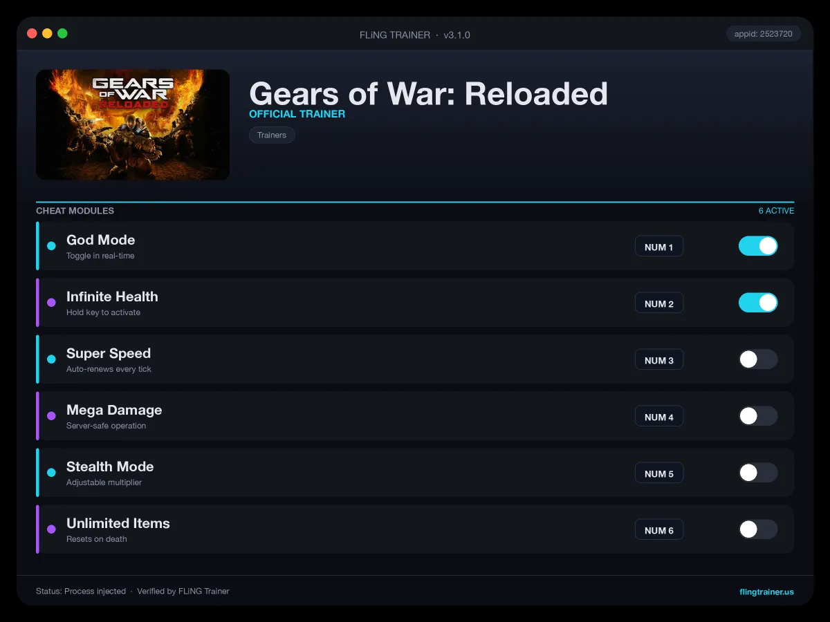 Gears of War: Reloaded Trainer interface
