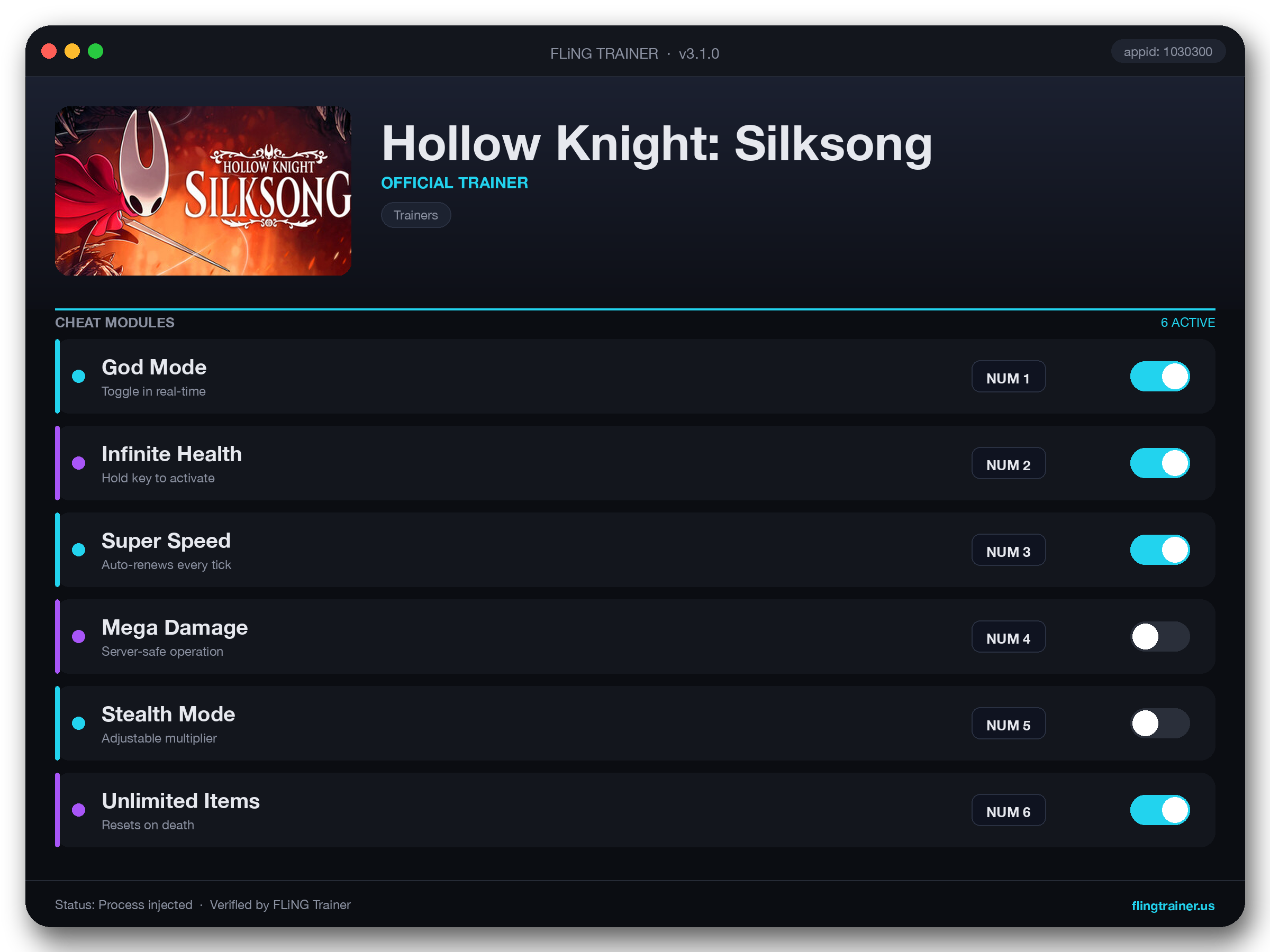 Hollow Knight: Silksong Trainer interface