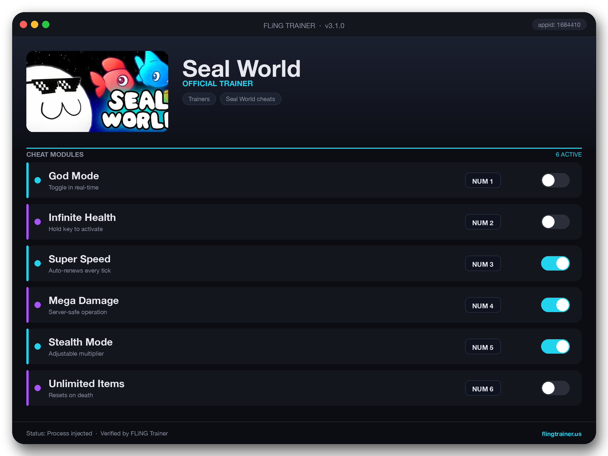 Seal World Trainer interface