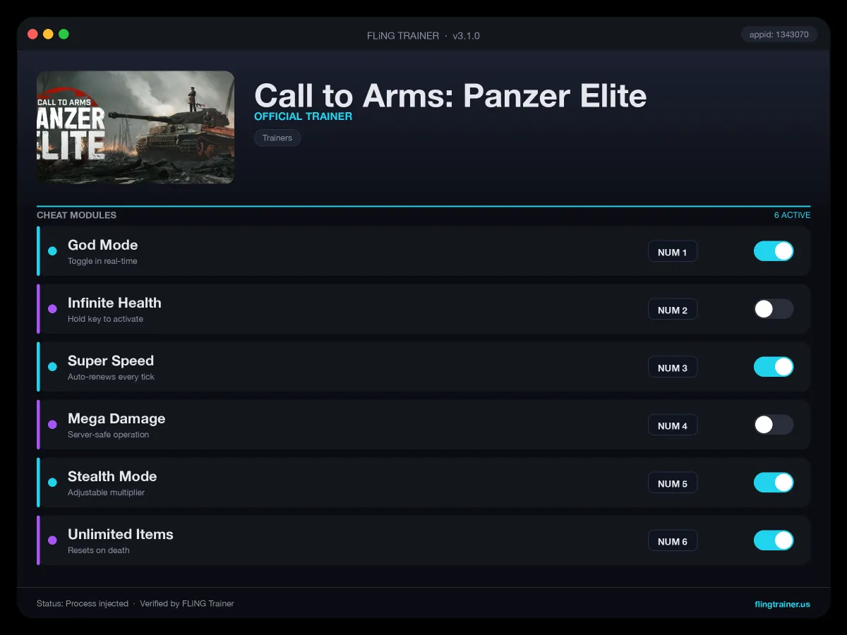 Call to Arms: Panzer Elite Trainer interface
