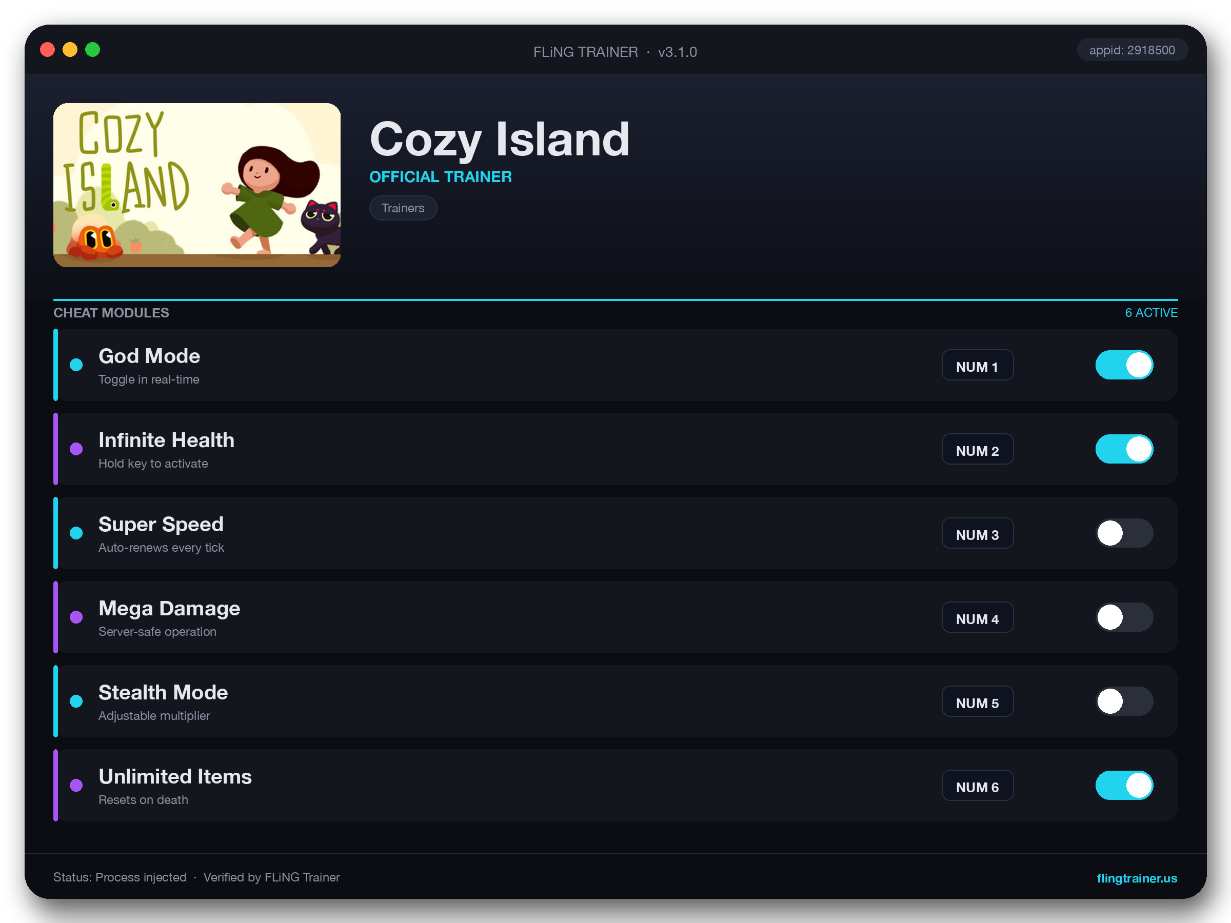 Cozy Island Trainer interface