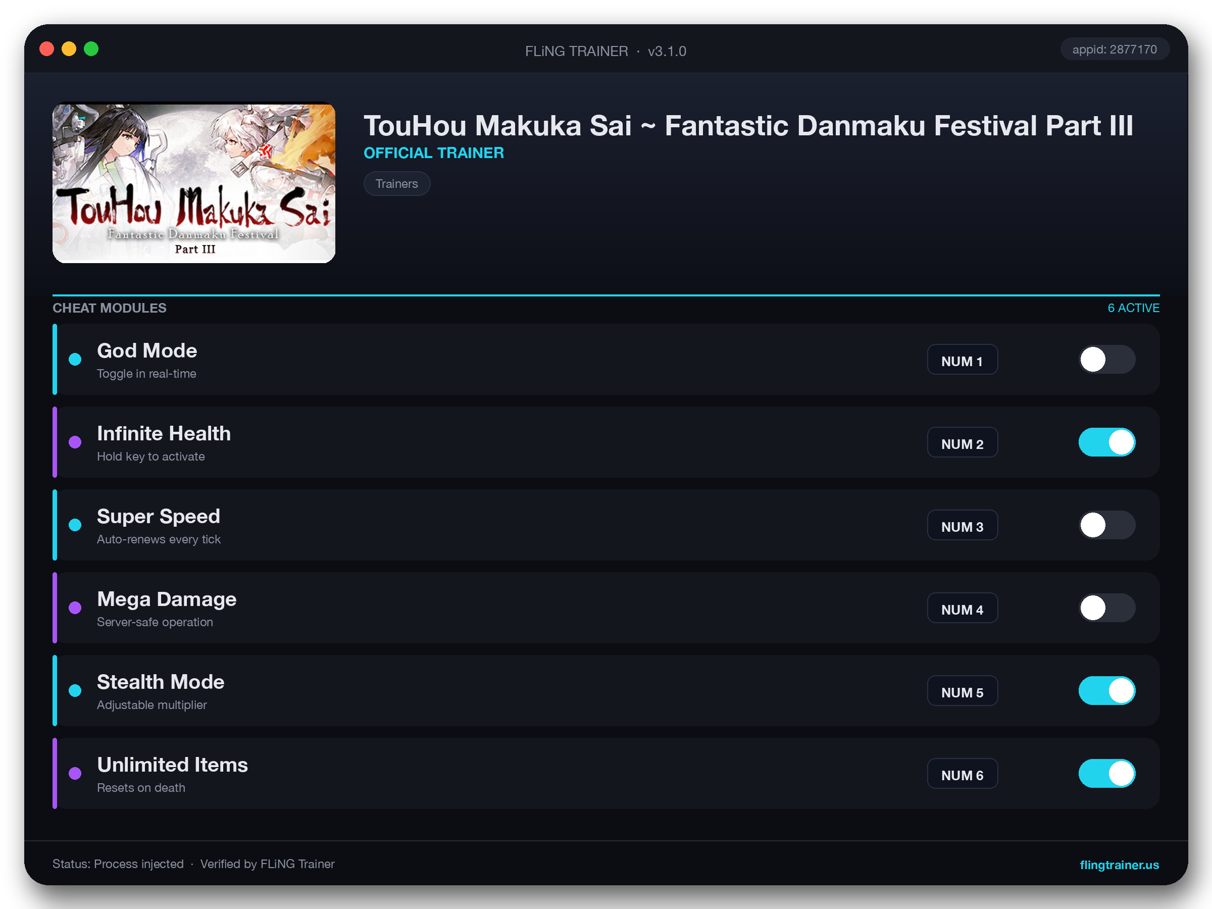 TouHou Makuka Sai ~ Fantastic Danmaku Festival Part III Trainer interface
