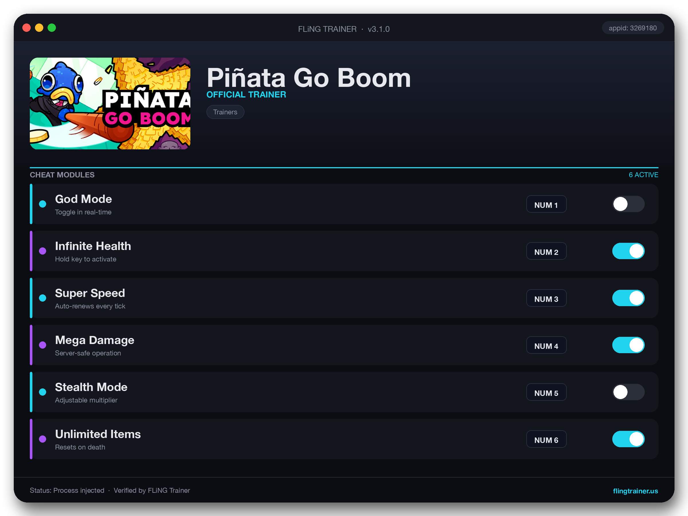 Piñata Go Boom Trainer interface