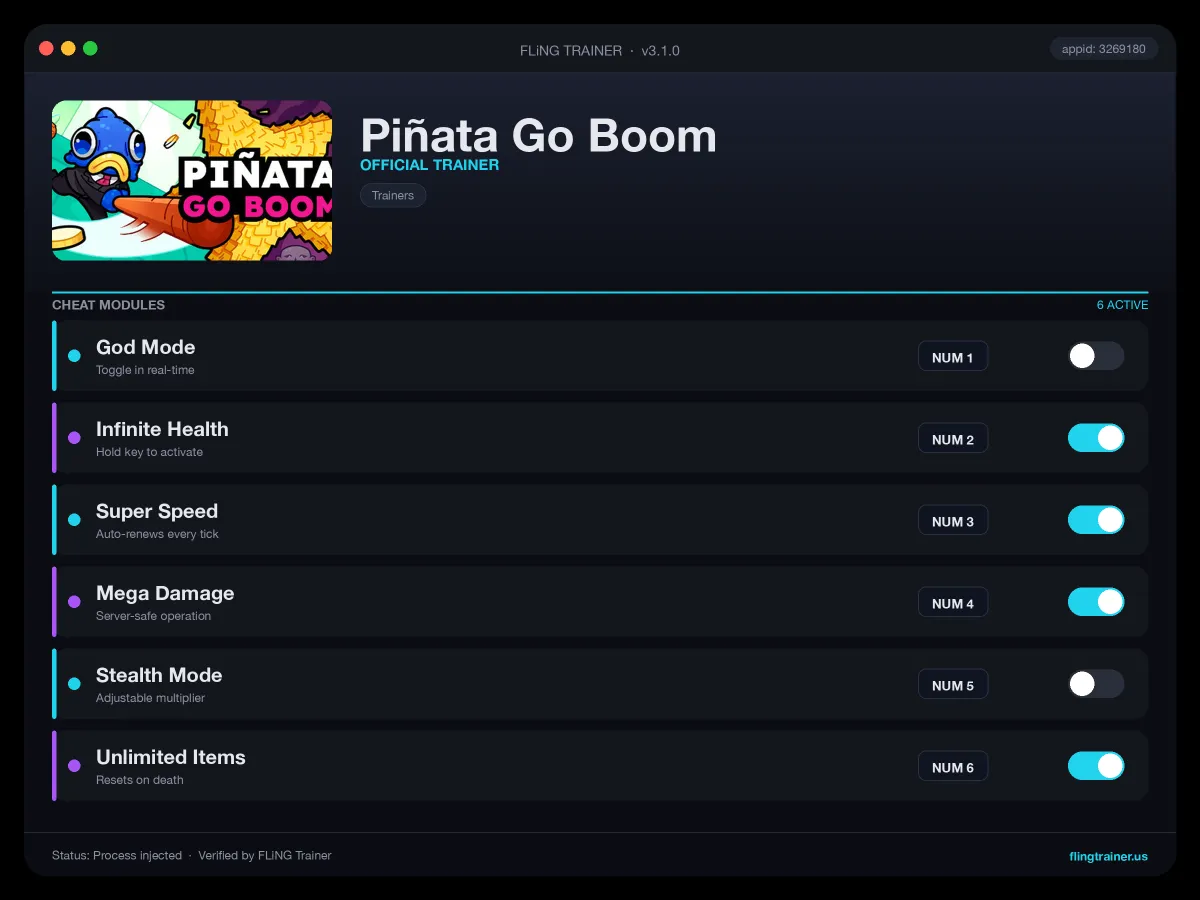 Piñata Go Boom Trainer interface