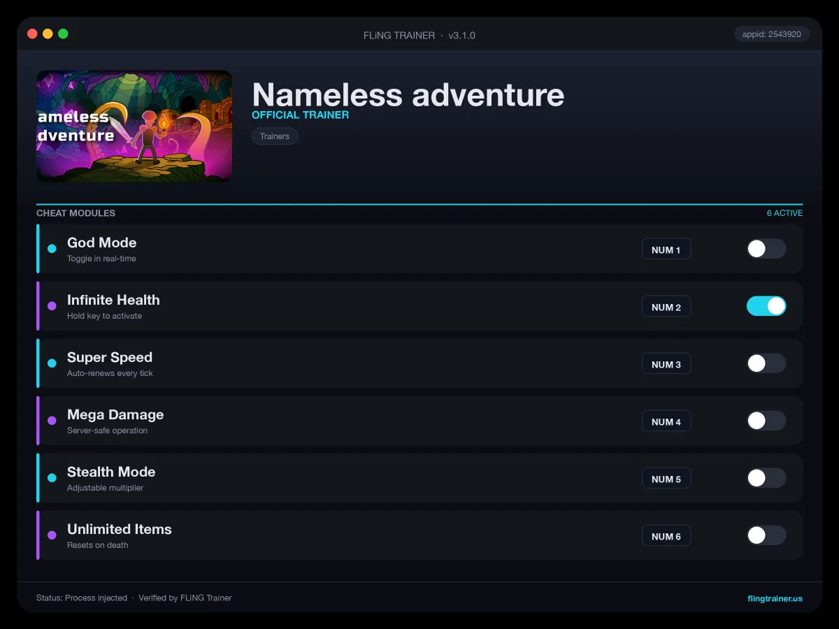 Nameless adventure Trainer interface