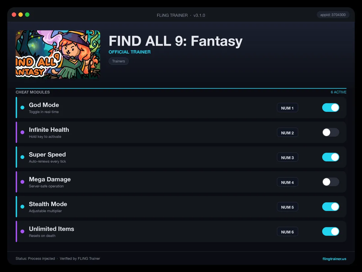FIND ALL 9: Fantasy Trainer interface