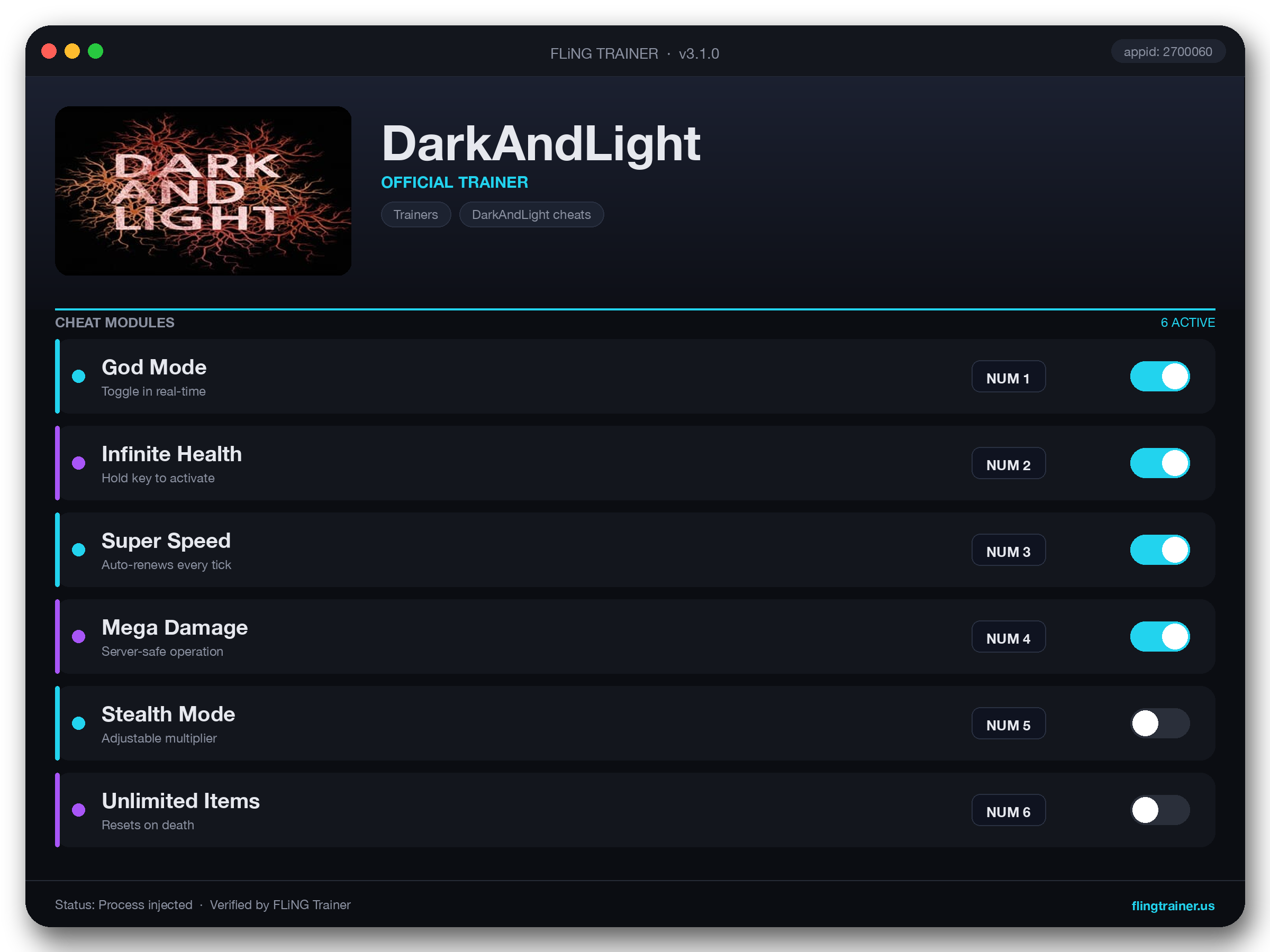 DarkAndLight Trainer interface