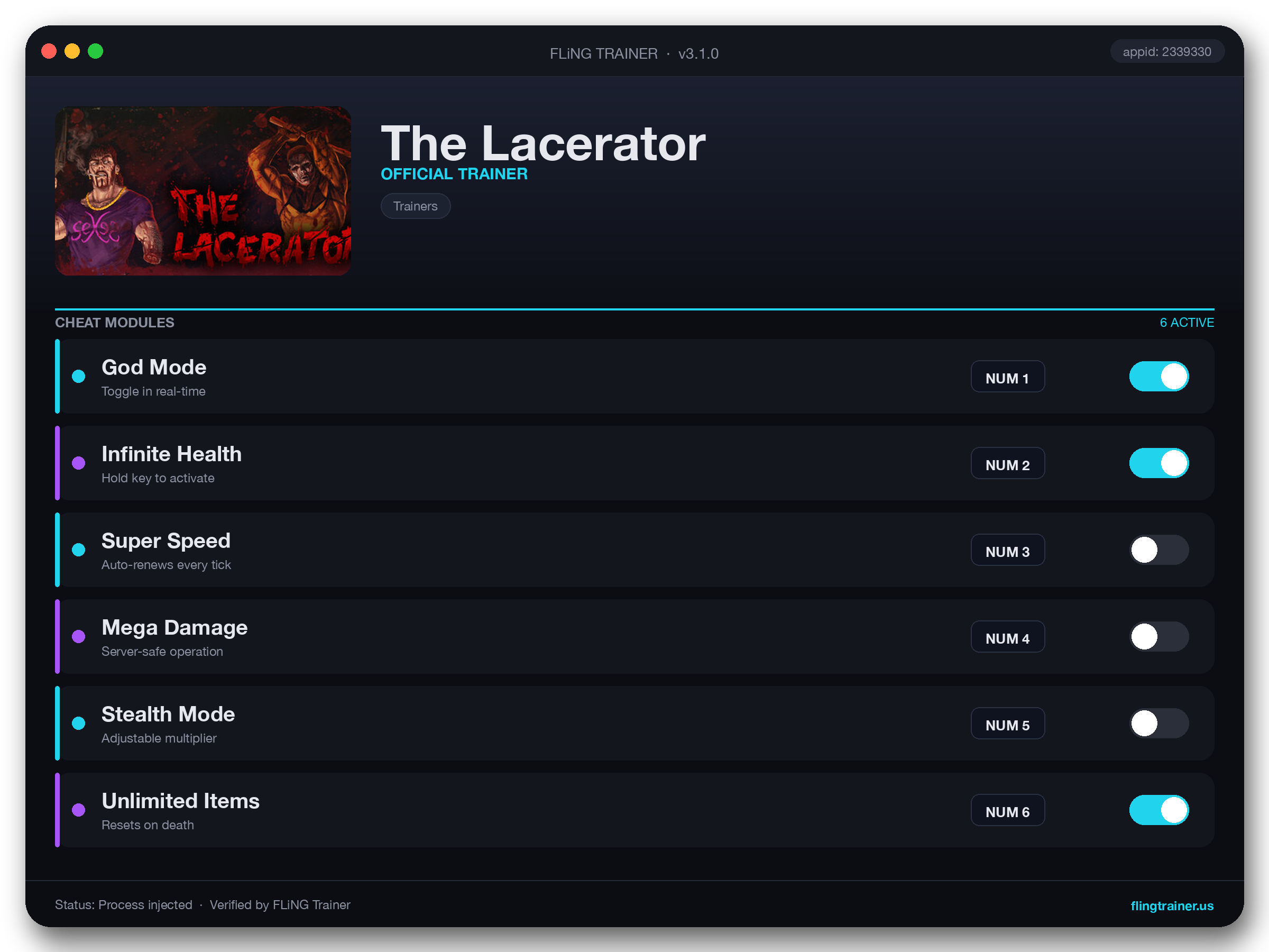 The Lacerator Trainer interface