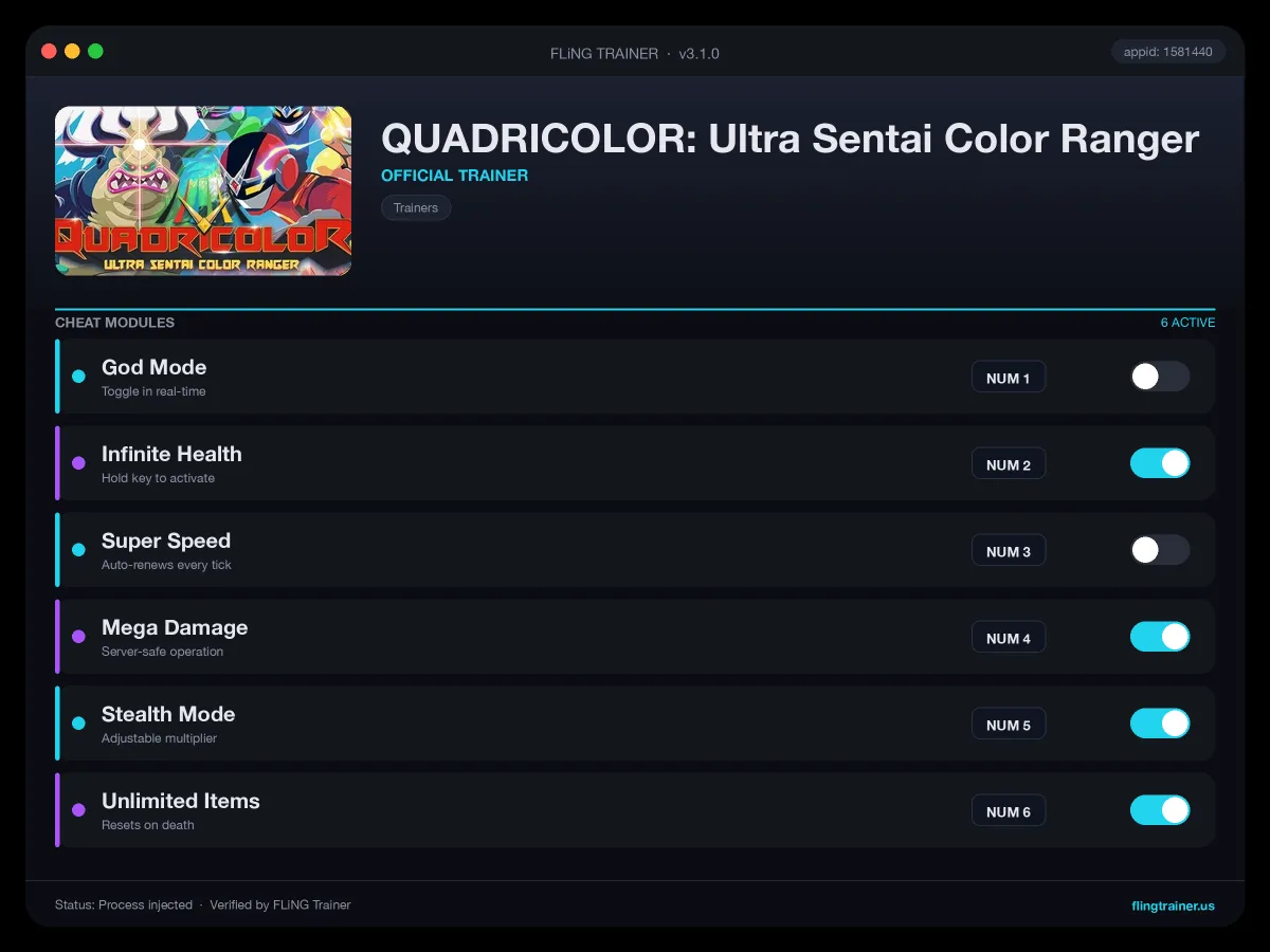 QUADRICOLOR: Ultra Sentai Color Ranger Trainer interface