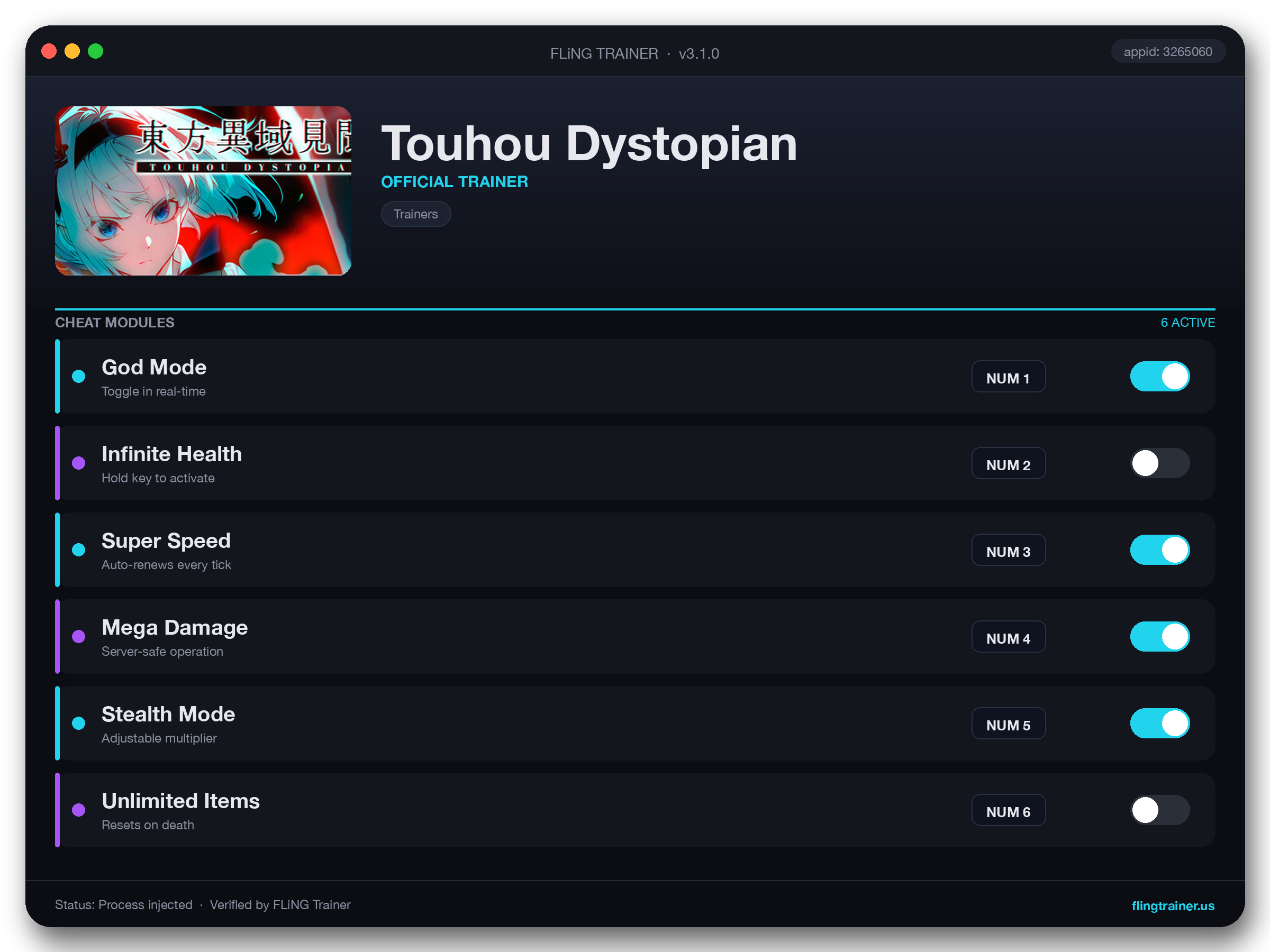 Touhou Dystopian Trainer interface