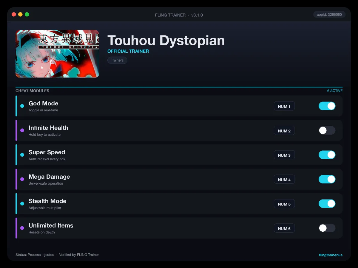 Touhou Dystopian Trainer interface