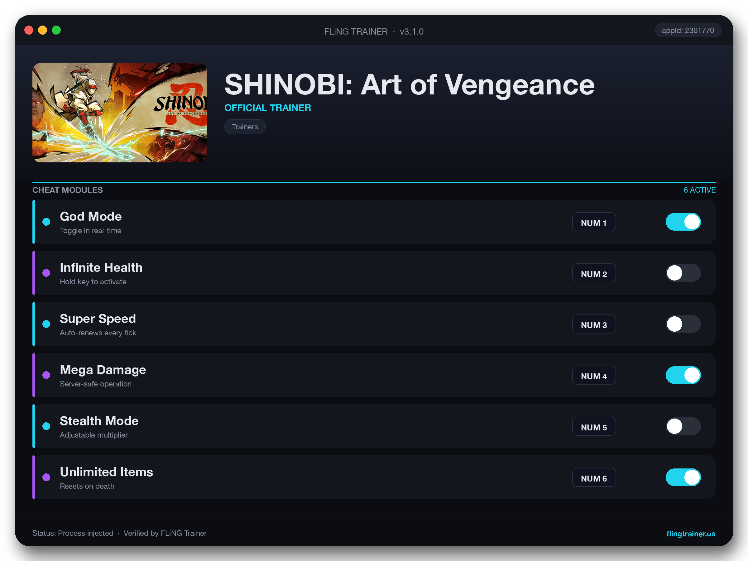 SHINOBI: Art of Vengeance Trainer interface
