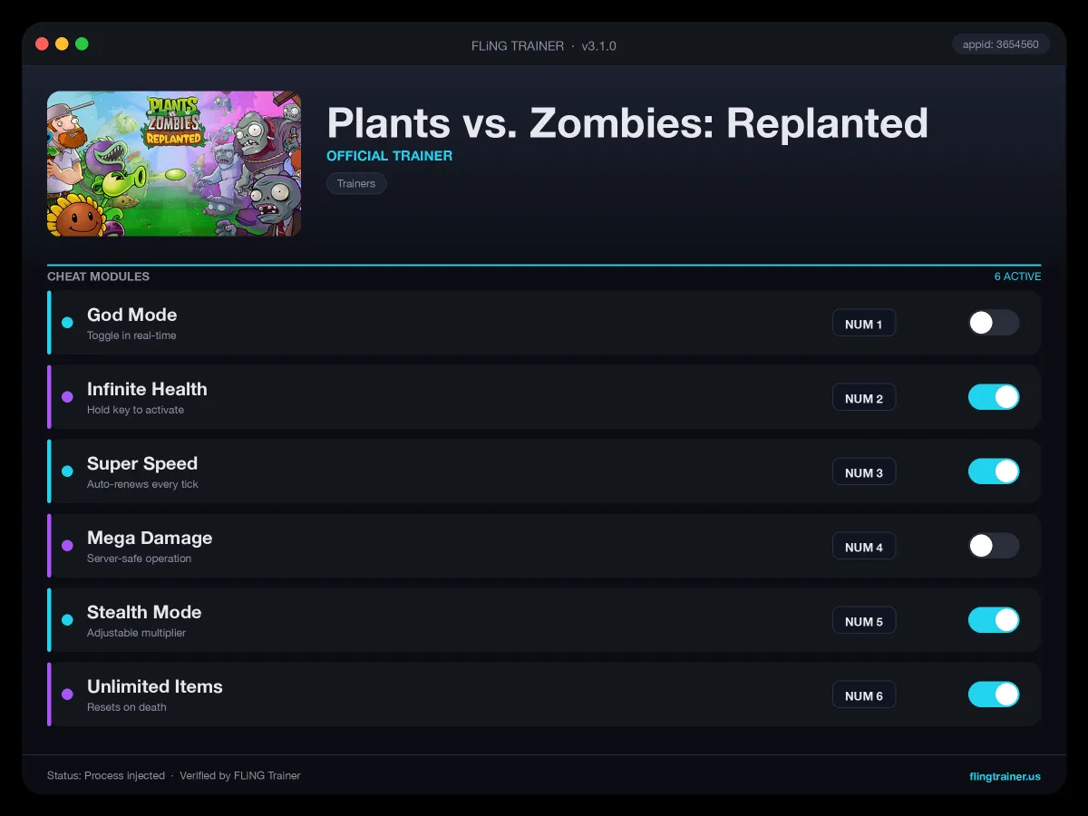 Plants vs. Zombies: Replanted Trainer interface