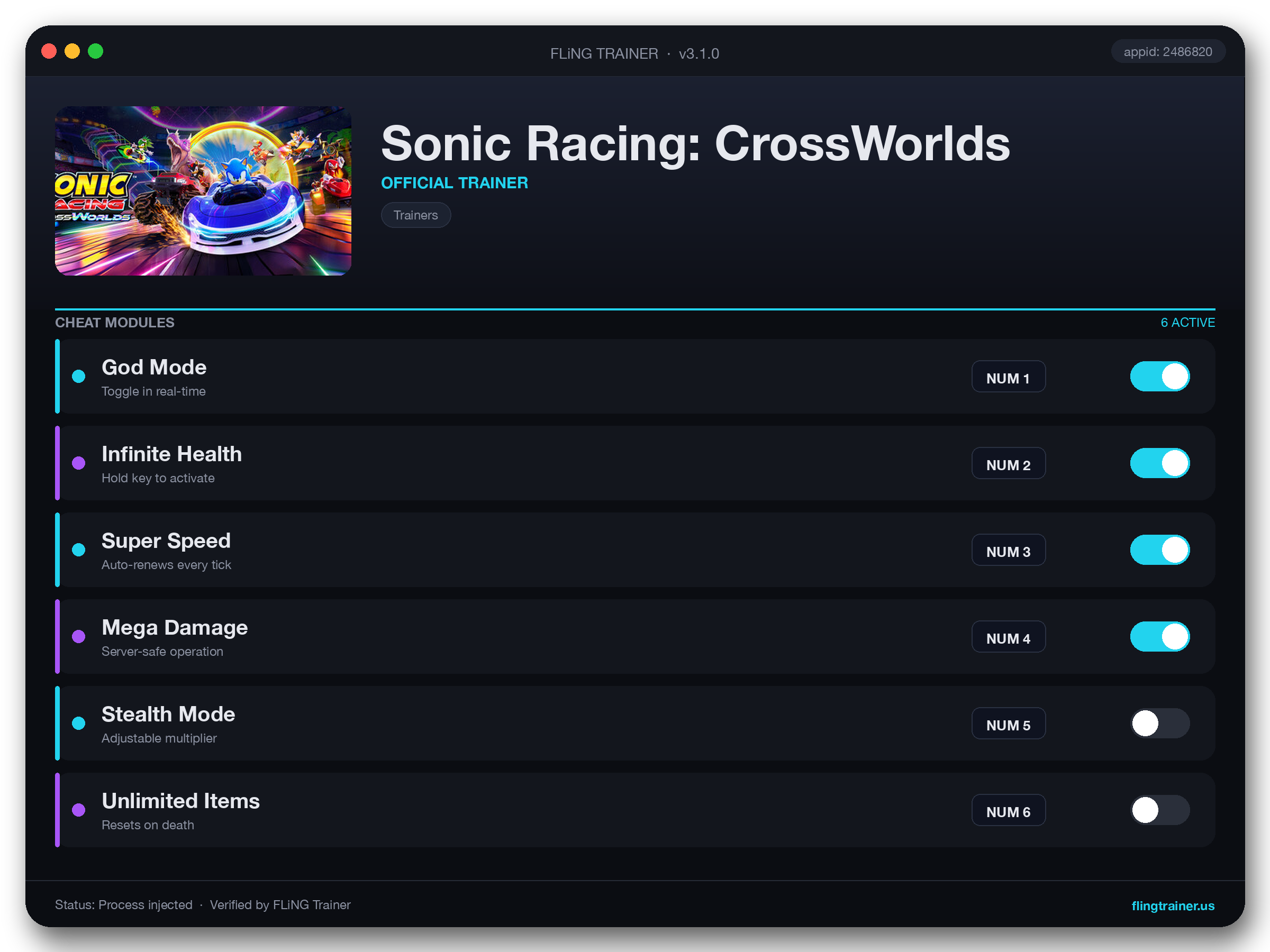 Sonic Racing: CrossWorlds Trainer interface