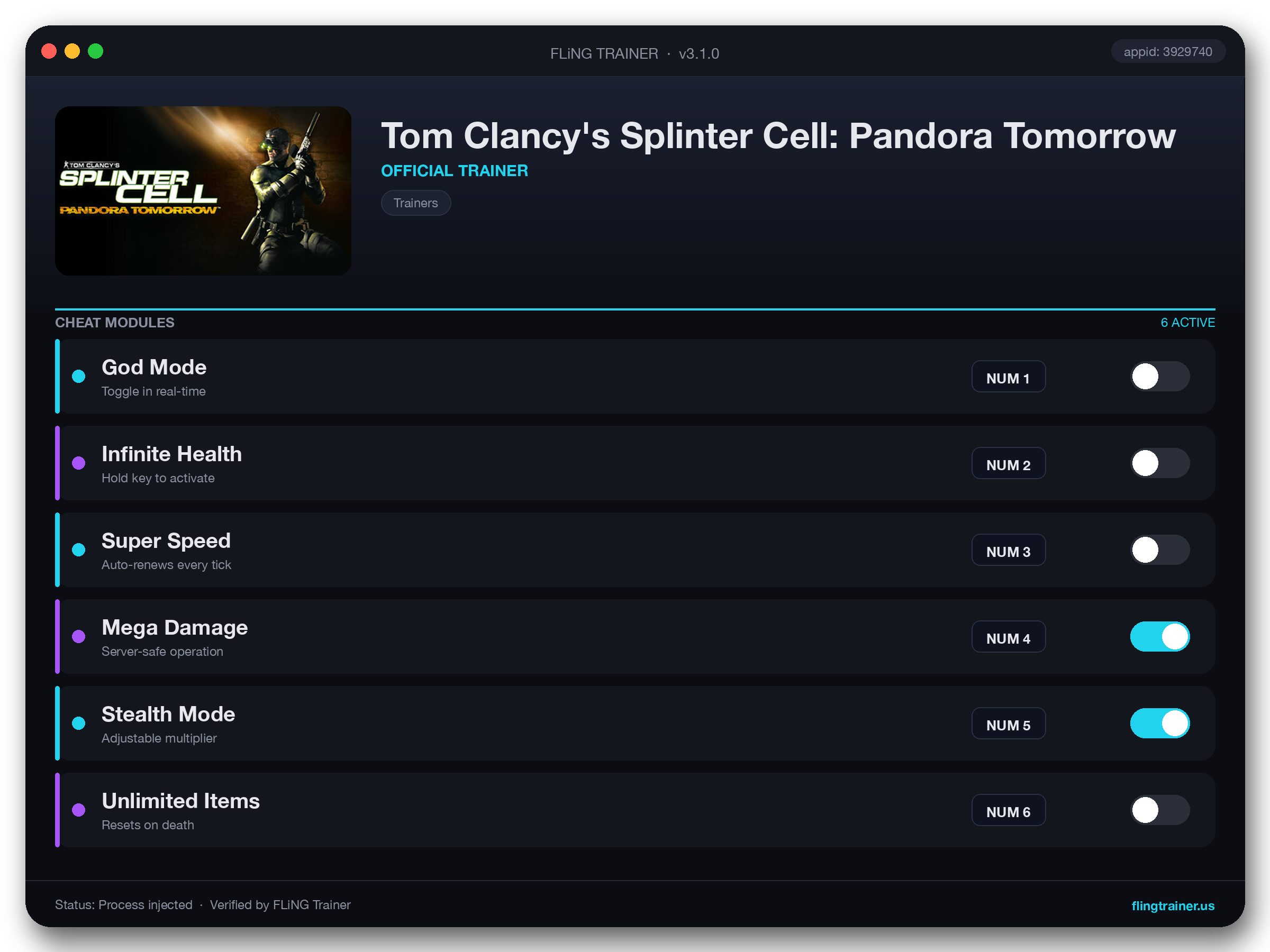 Tom Clancy's Splinter Cell: Pandora Tomorrow Trainer interface
