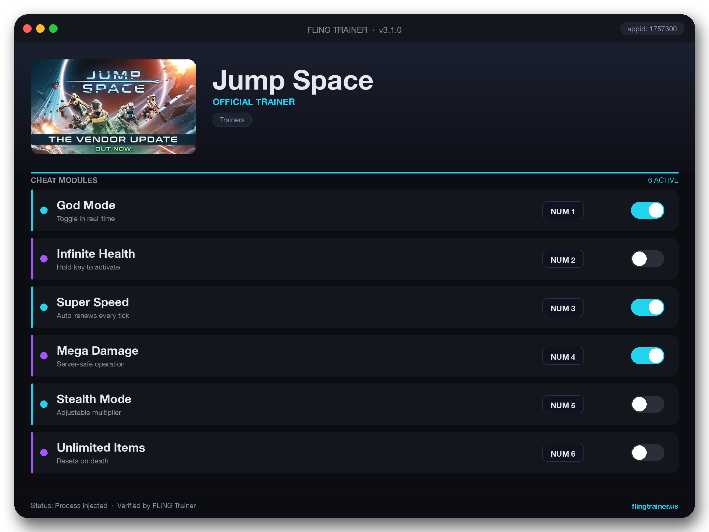 Jump Space Trainer interface