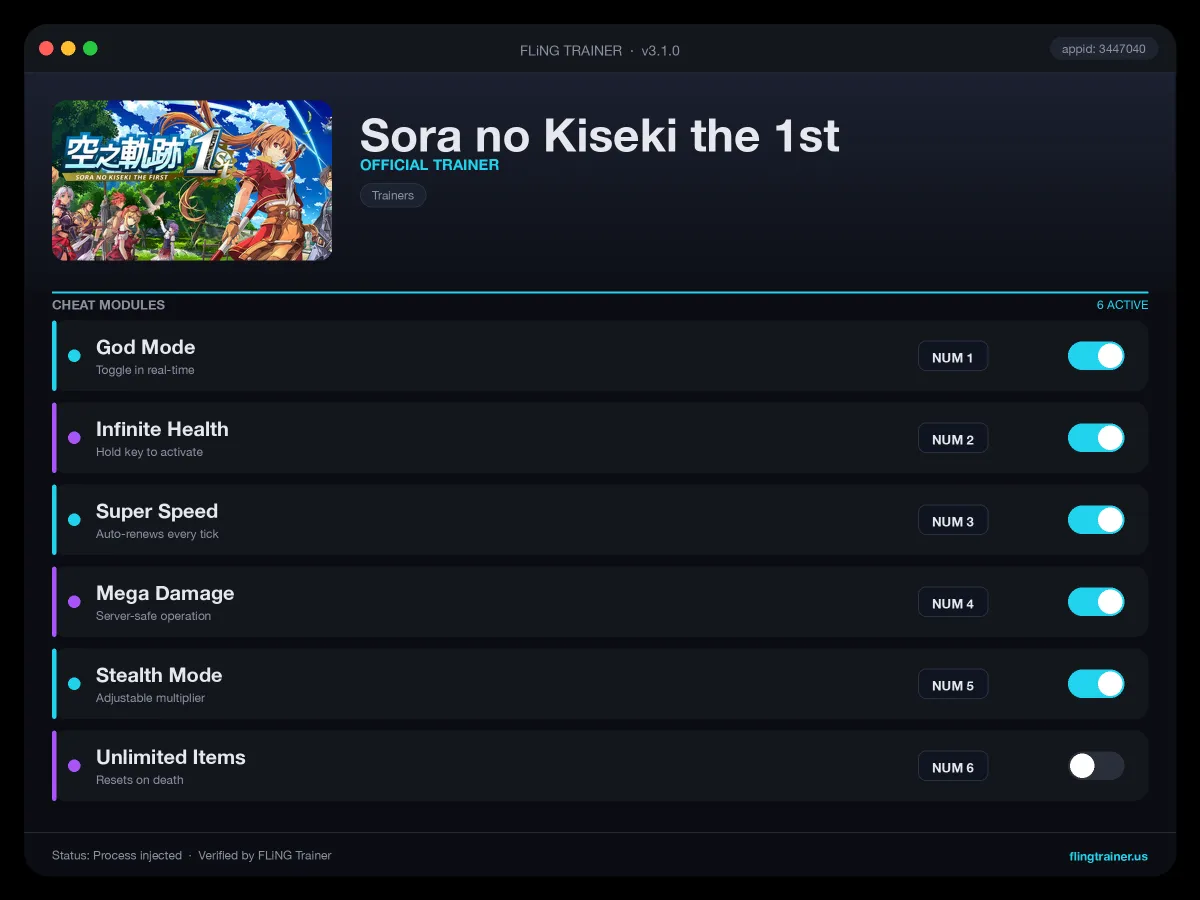 Sora no Kiseki the 1st Trainer interface
