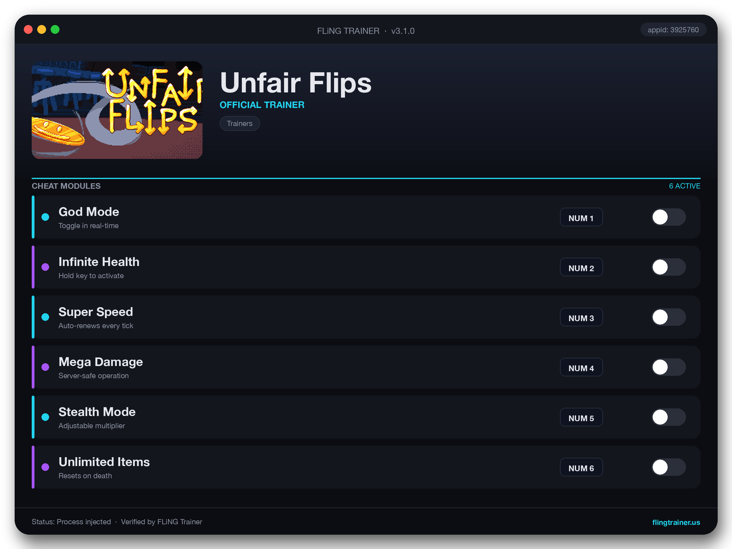 Unfair Flips Trainer interface