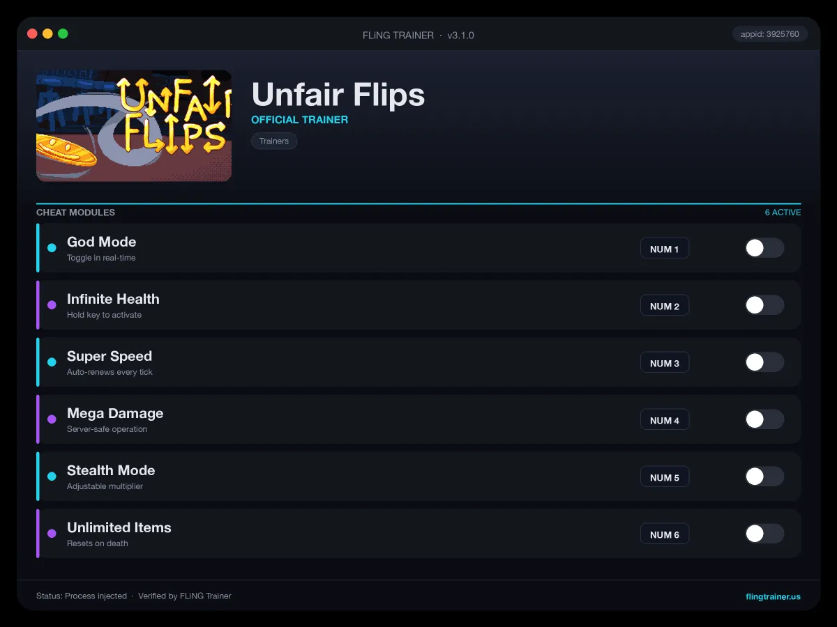 Unfair Flips Trainer interface