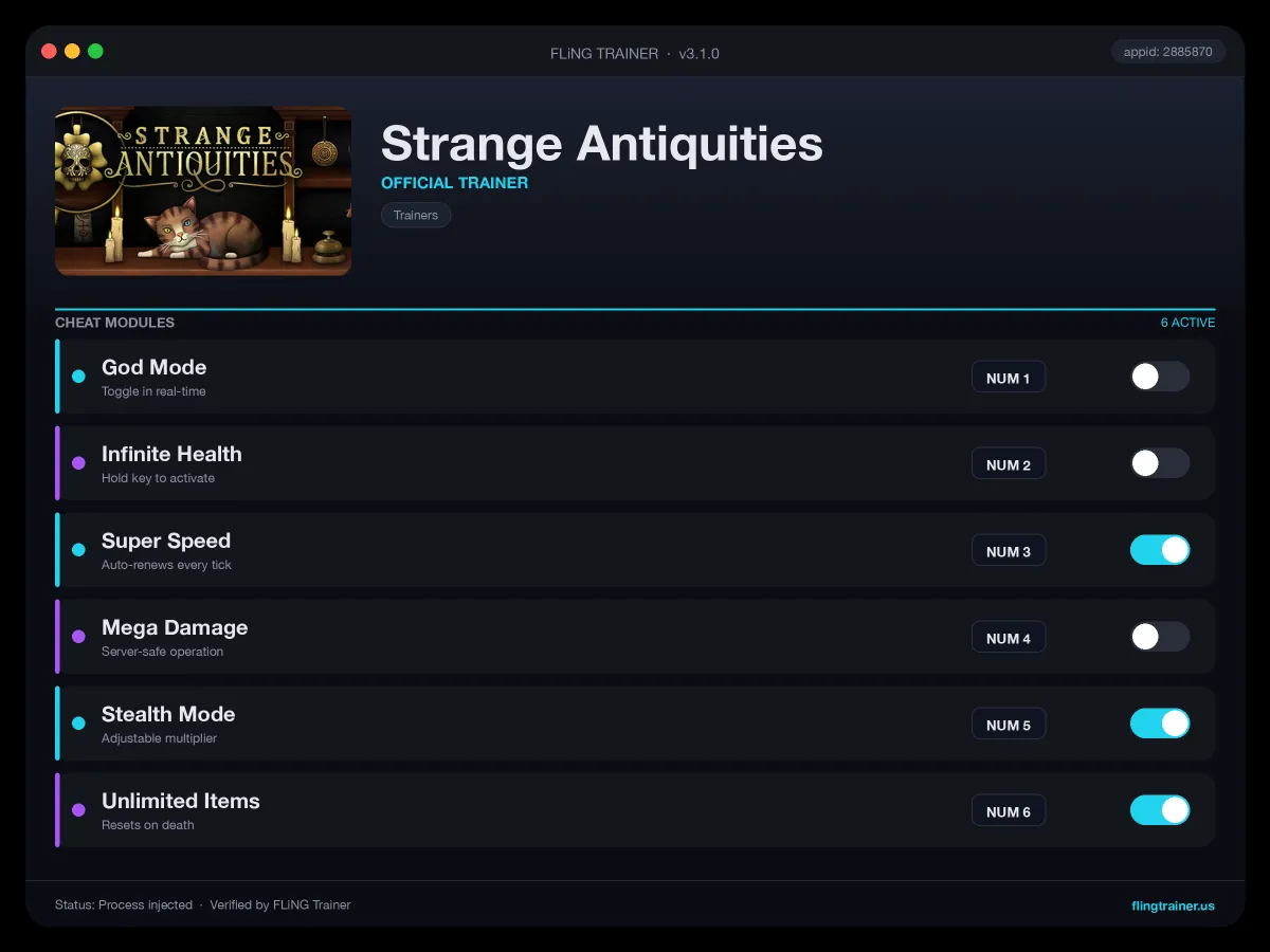 Strange Antiquities Trainer interface