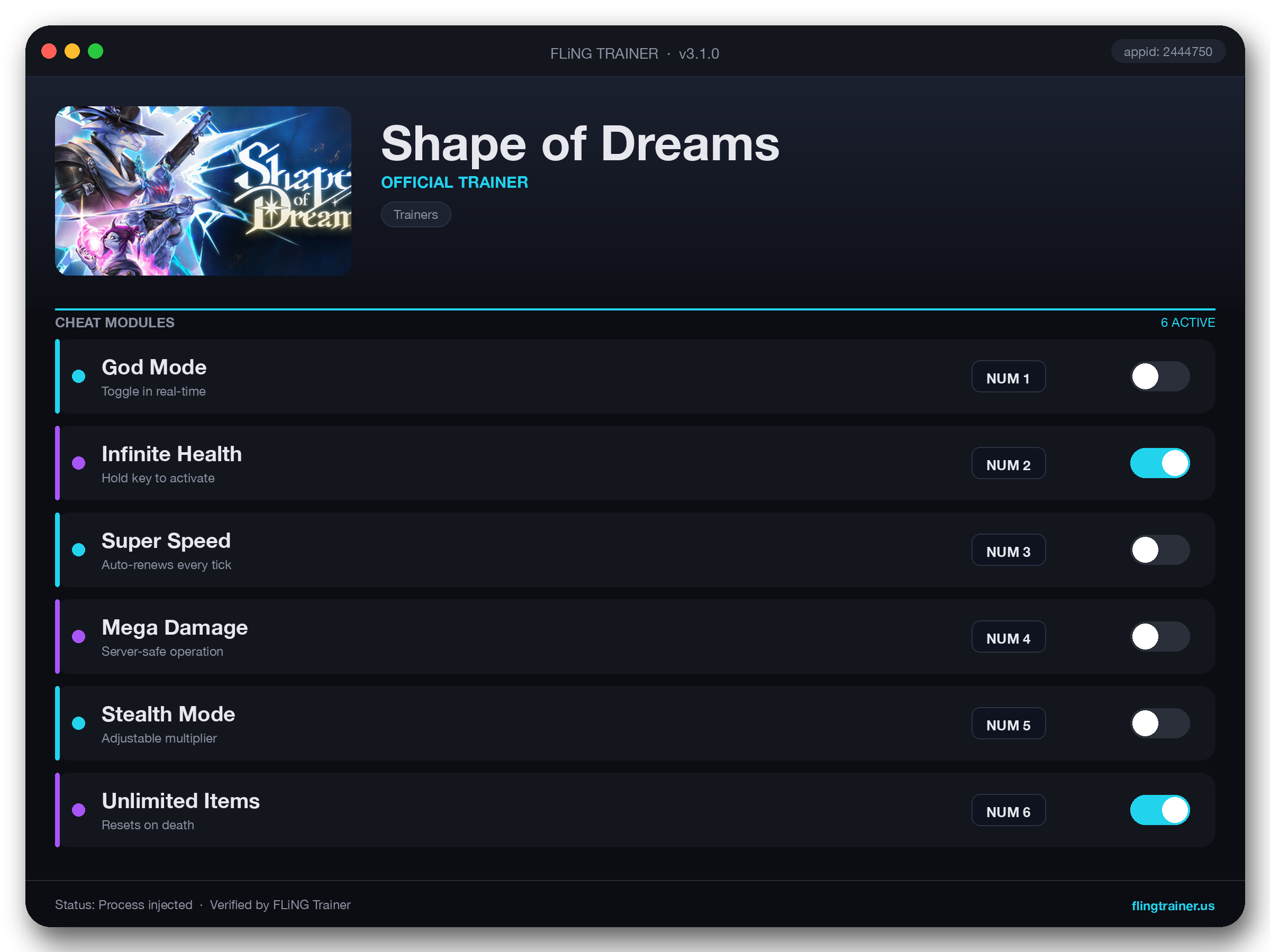 Shape of Dreams Trainer interface