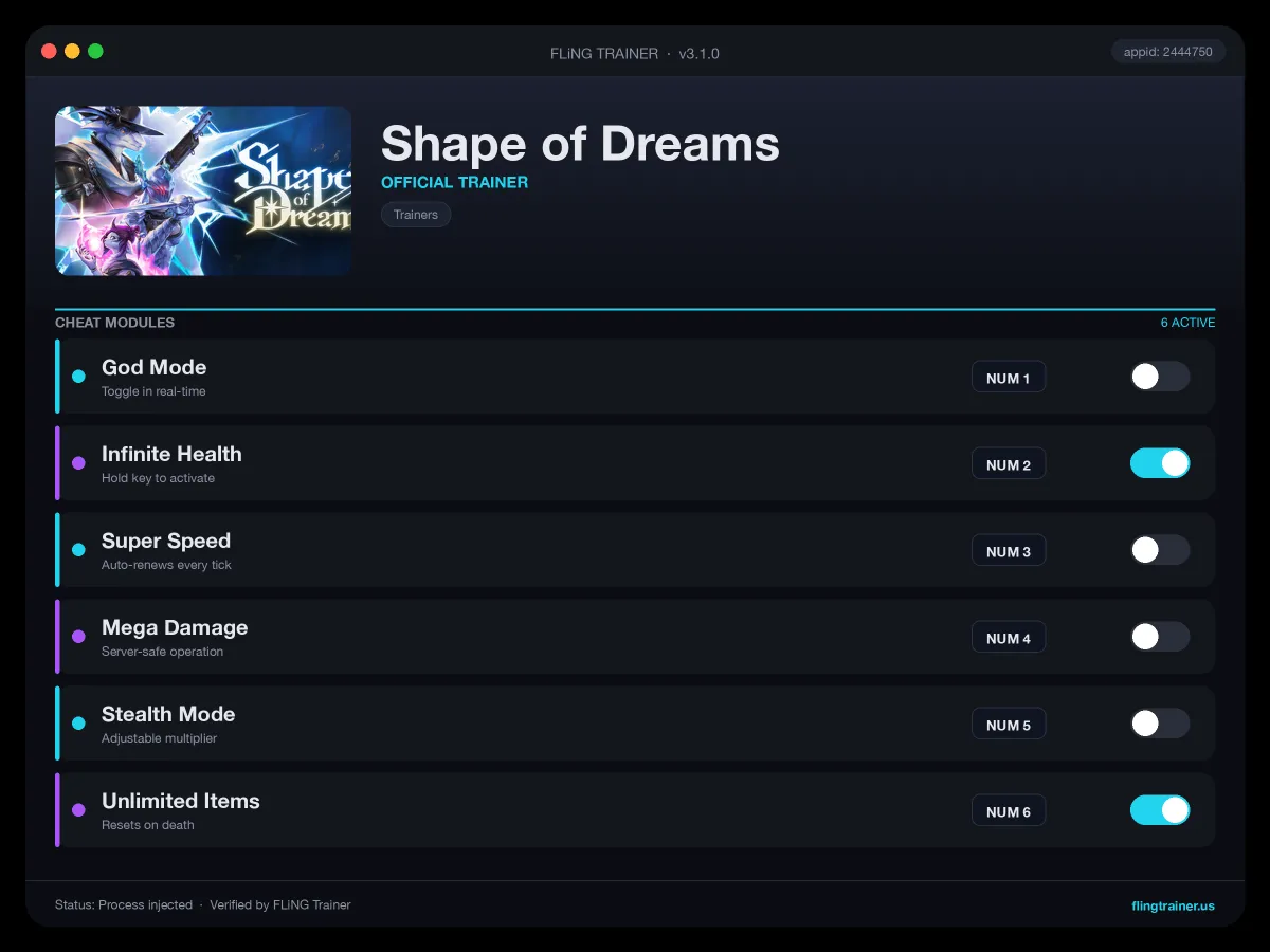 Shape of Dreams Trainer interface