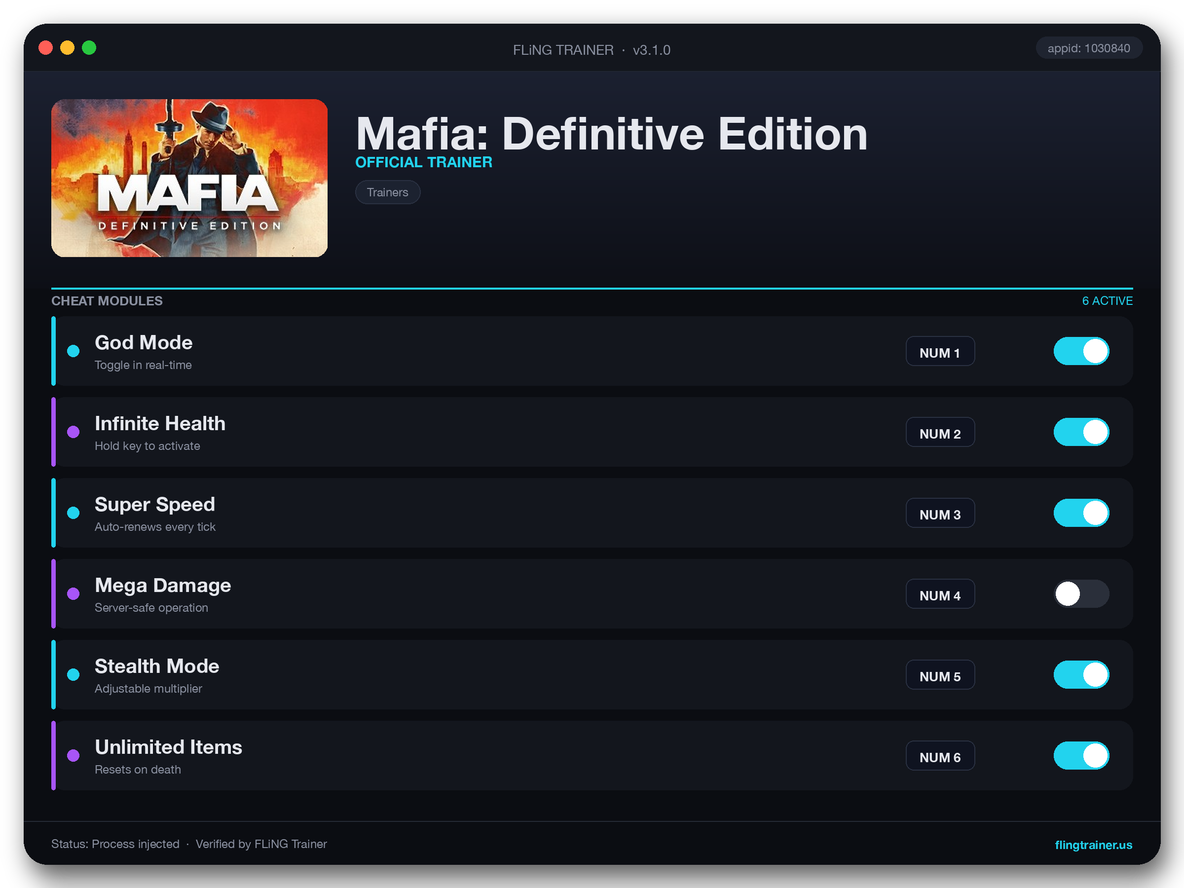 Mafia: Definitive Edition Trainer interface