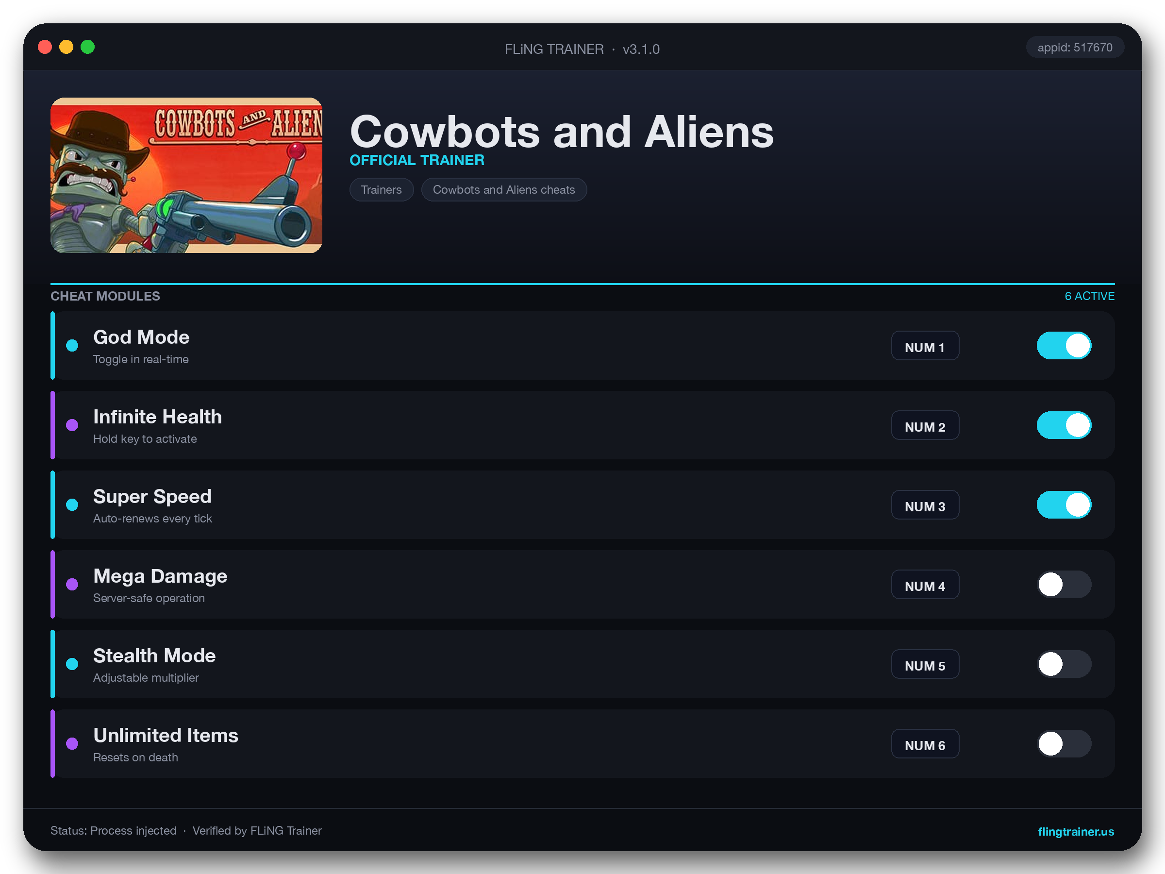 Cowbots and Aliens Trainer interface