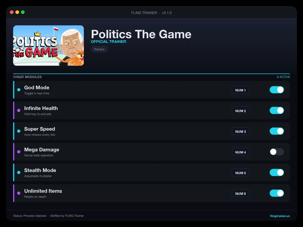 Politics The Game Trainer interface