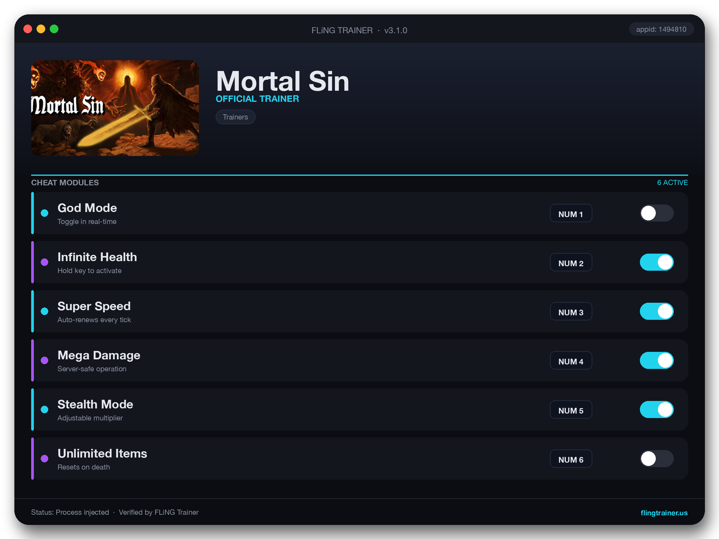 Mortal Sin Trainer interface
