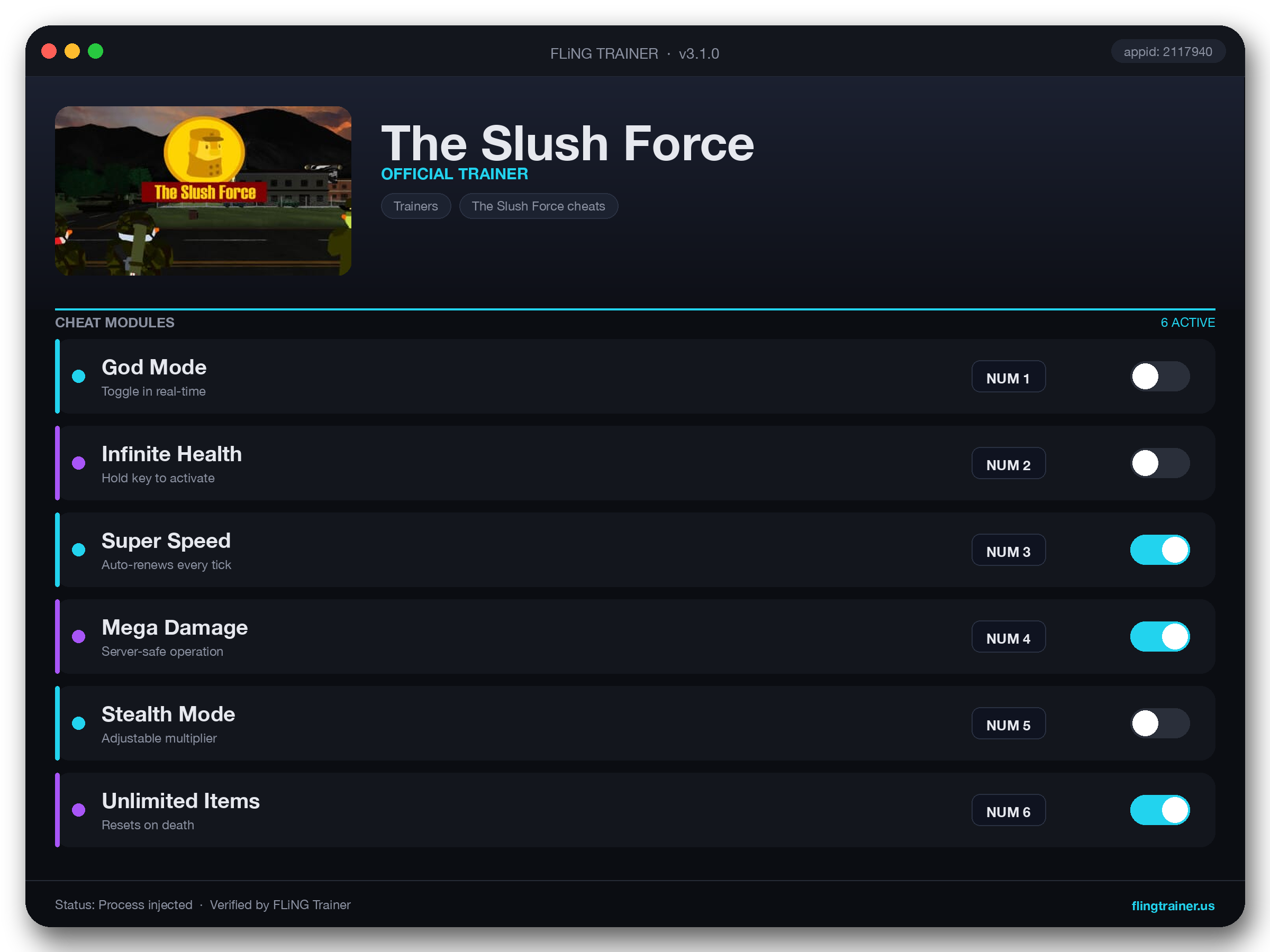 The Slush Force Trainer interface