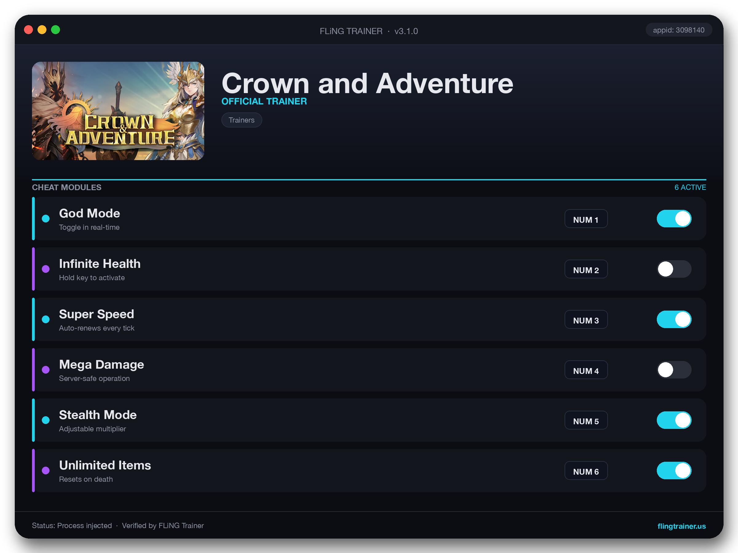Crown and Adventure Trainer interface