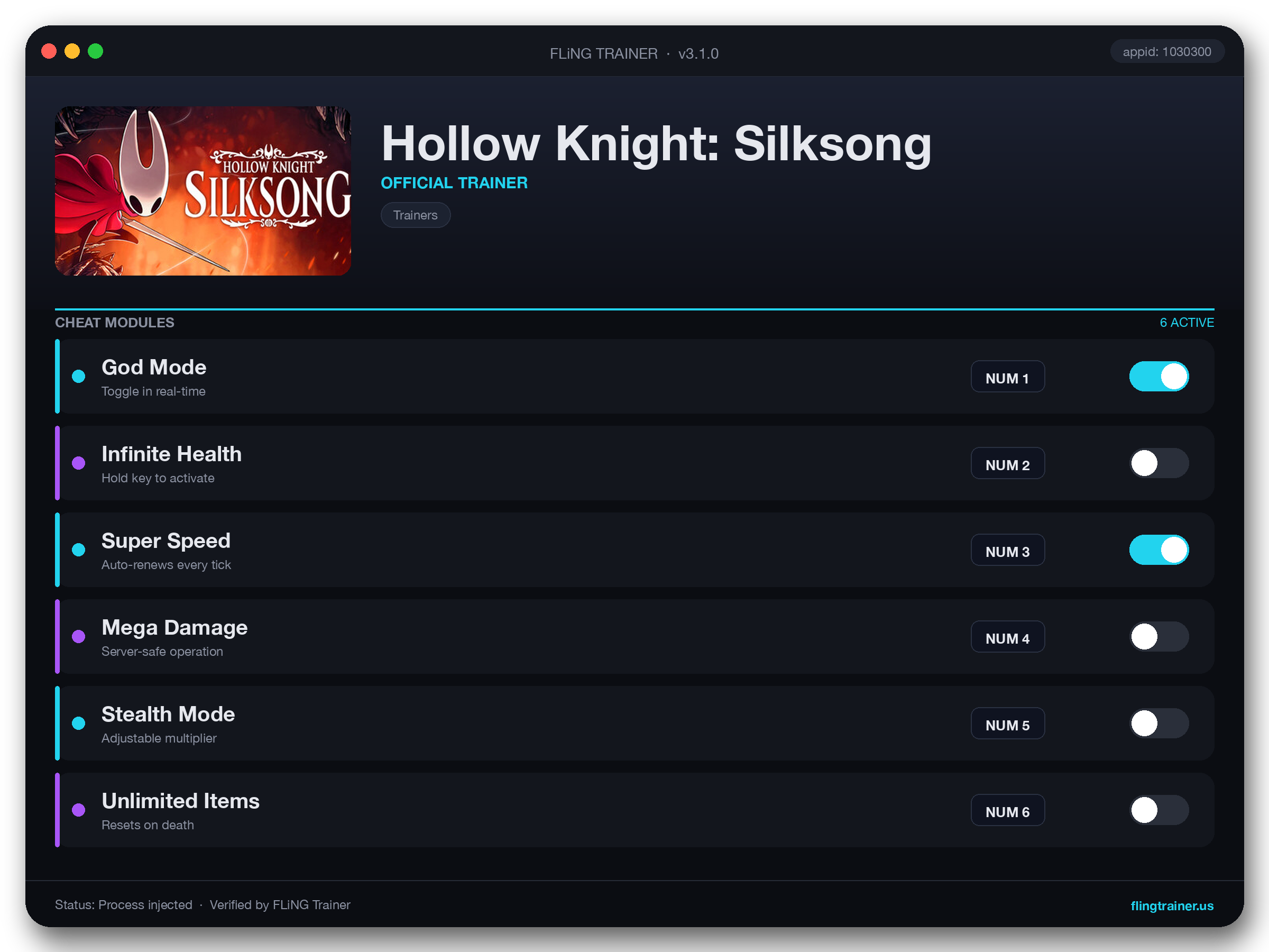 Hollow Knight: Silksong Trainer interface