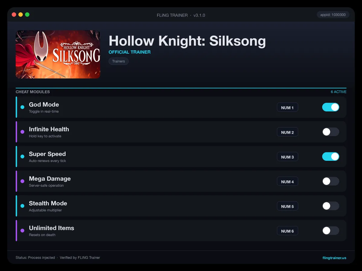 Hollow Knight: Silksong Trainer interface