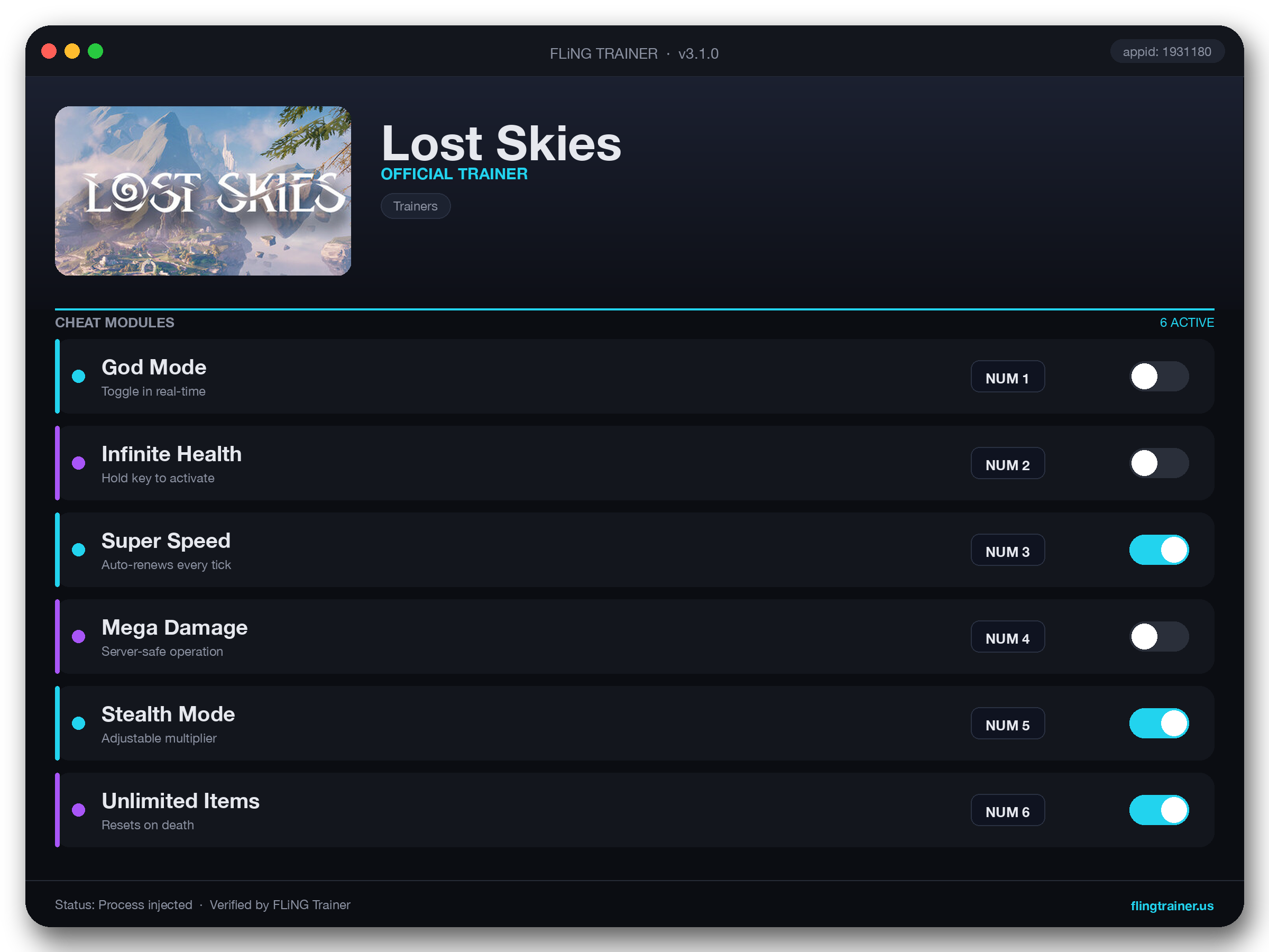 Lost Skies Trainer interface