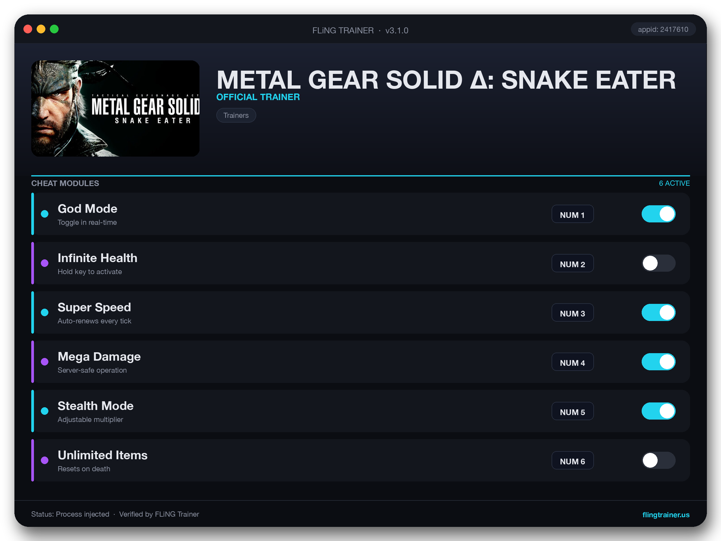 METAL GEAR SOLID Δ: SNAKE EATER Trainer interface