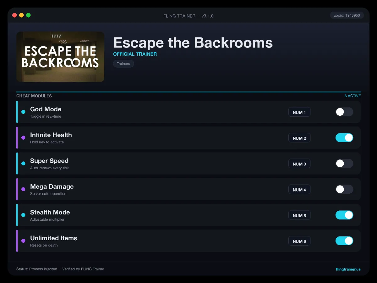 Escape the Backrooms Trainer interface