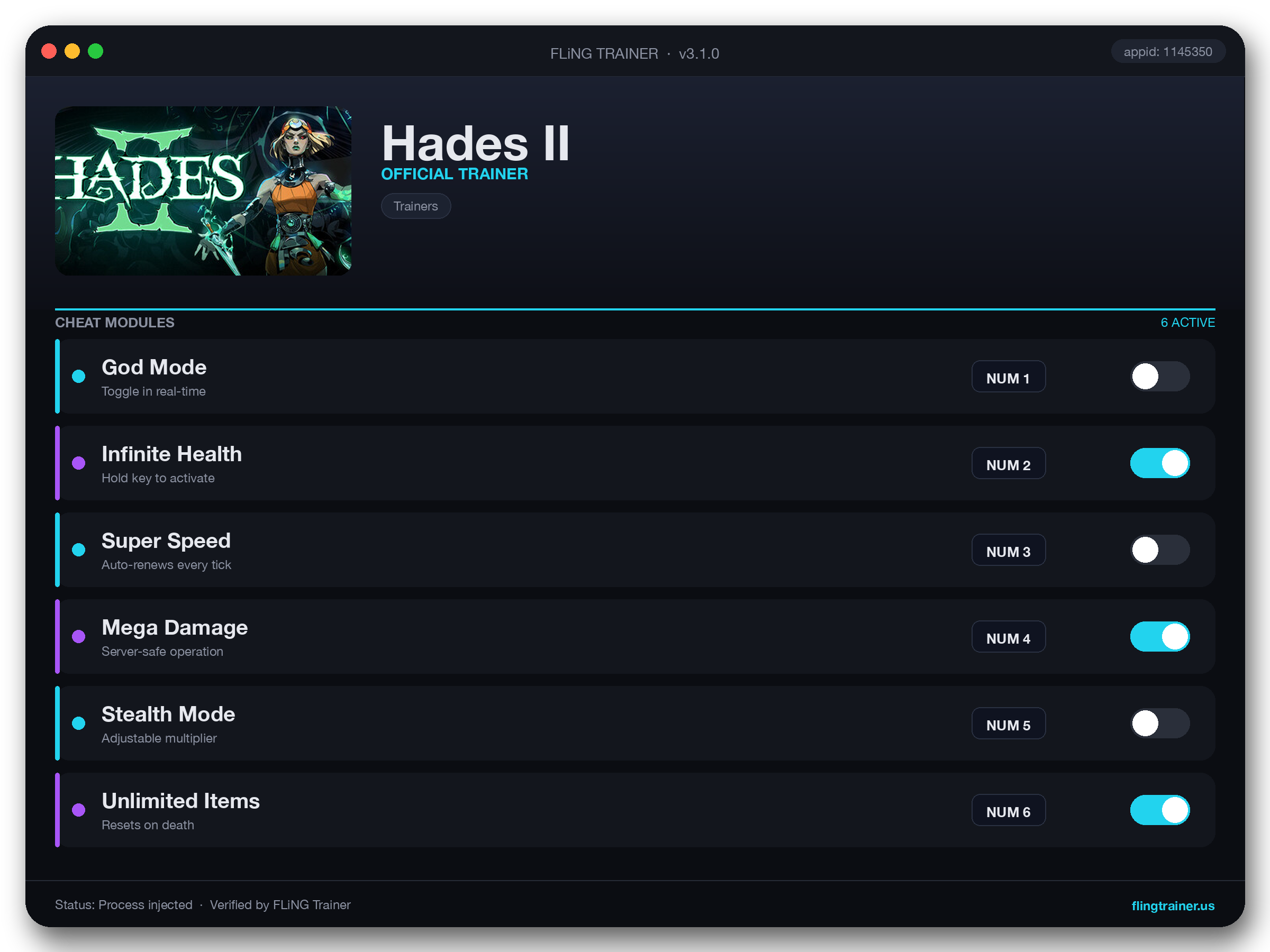 Hades II Trainer interface