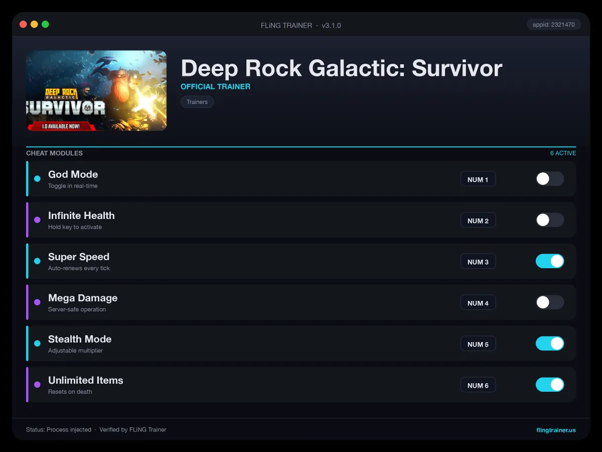 Deep Rock Galactic: Survivor Trainer interface