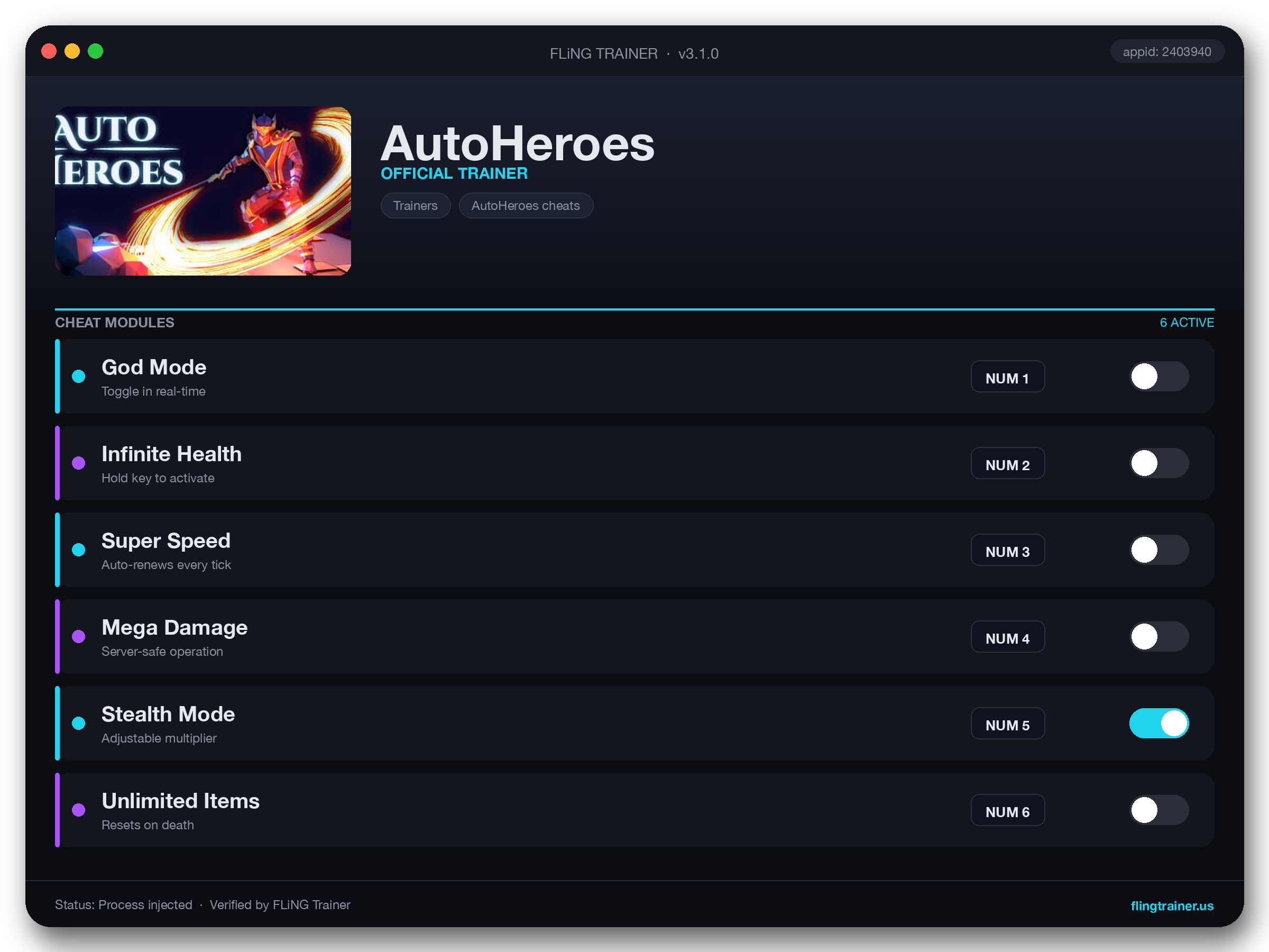 AutoHeroes Trainer interface