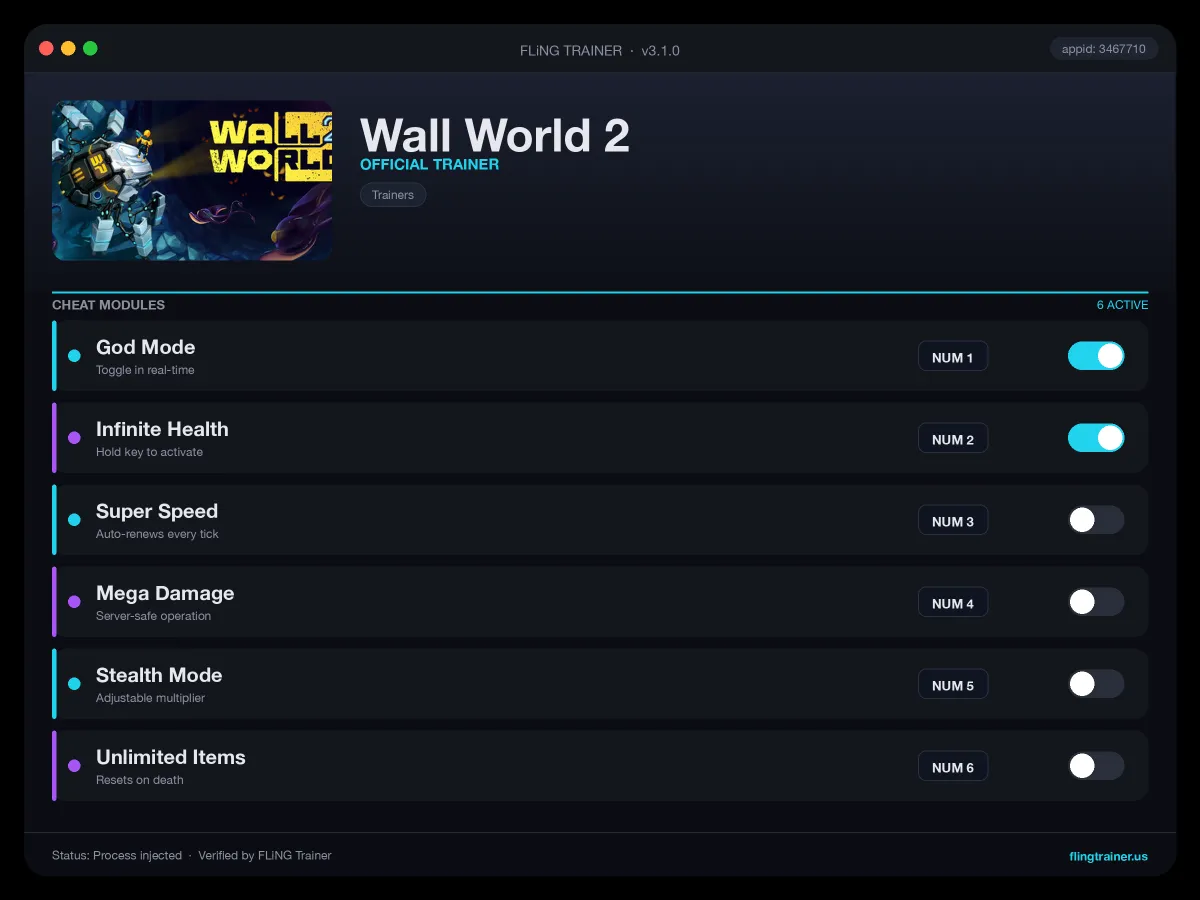 Wall World 2 Trainer interface