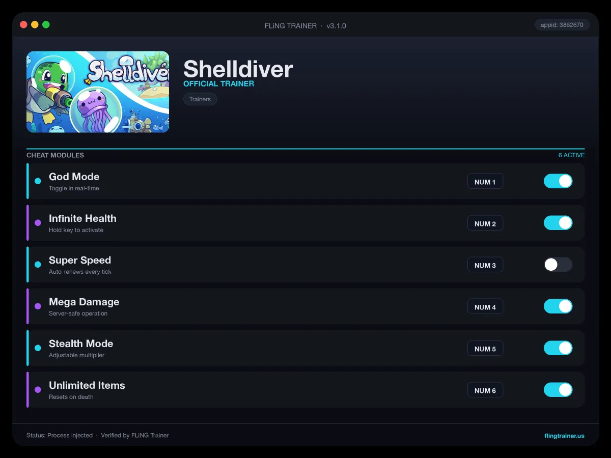 Shelldiver Trainer interface