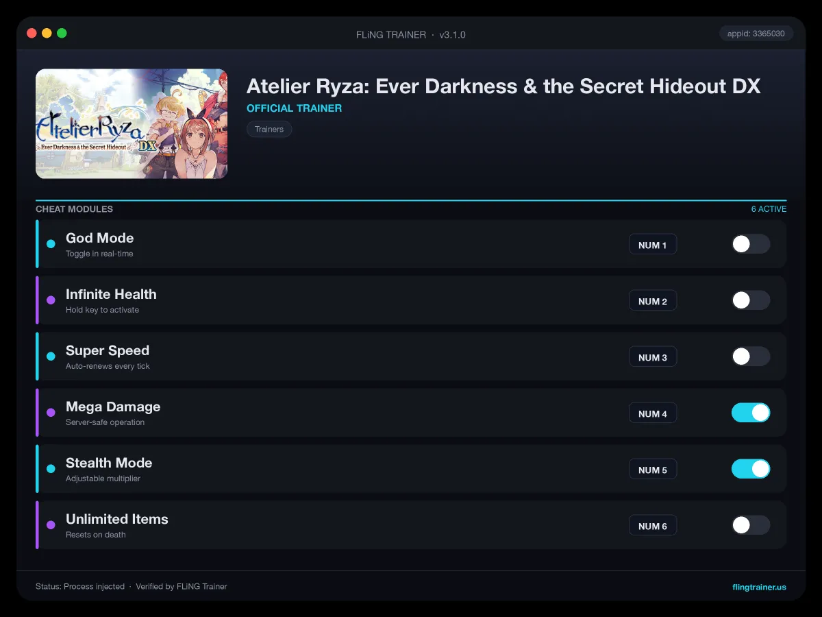 Atelier Ryza: Ever Darkness & the Secret Hideout DX Trainer interface